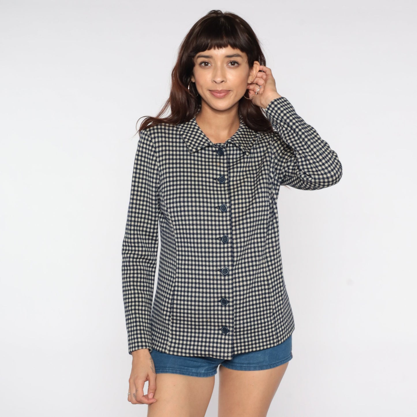 60s Navy Plaid Wool Blazer Jacket Mod Checkered Small