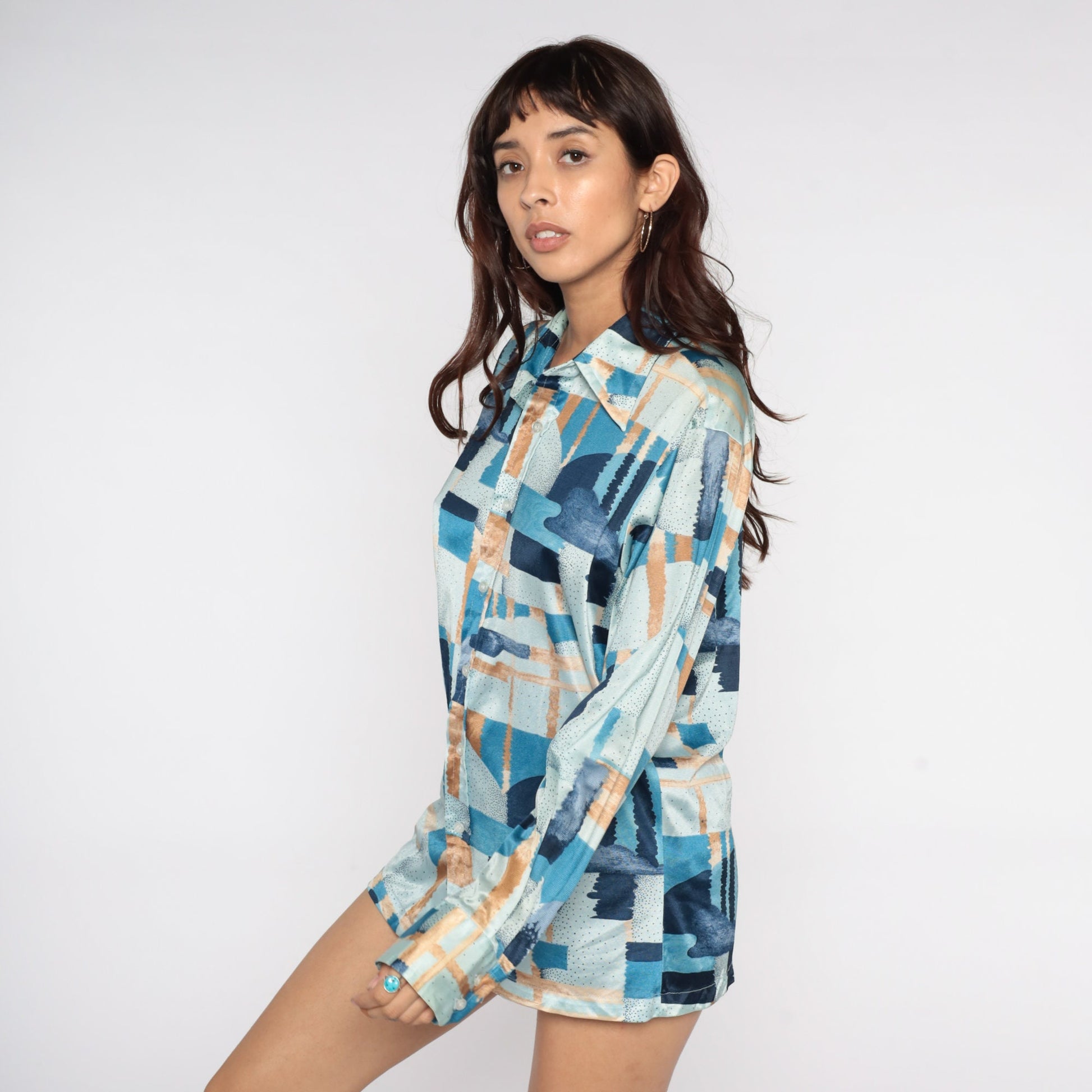 70s Opus I Psychedelic Print Button-Up Shirt Long Sleeve Blue Brushstroke Large