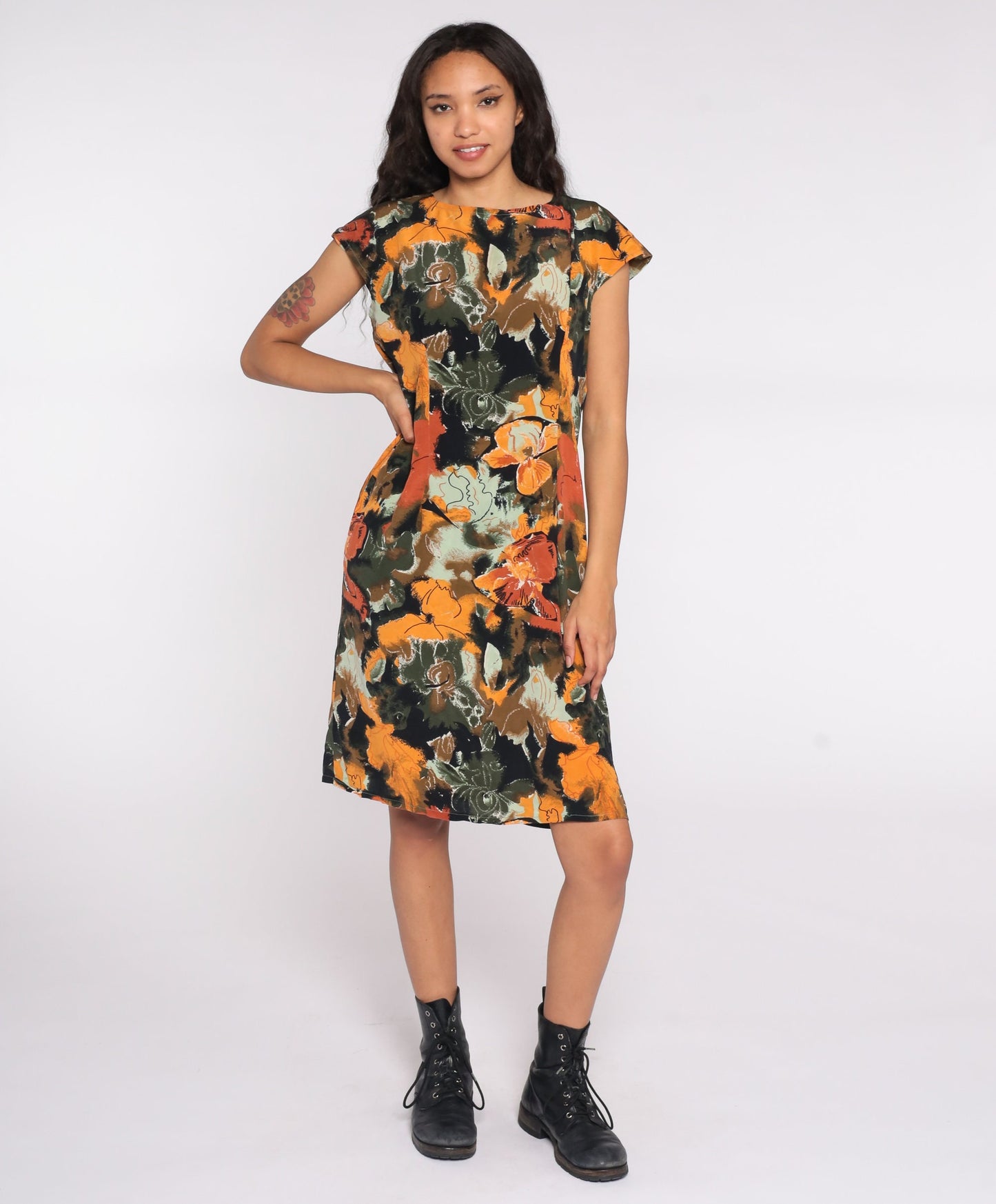 90s Floral Midi Dress Rayon Short Sleeve Sheath Green Yellow Medium Large