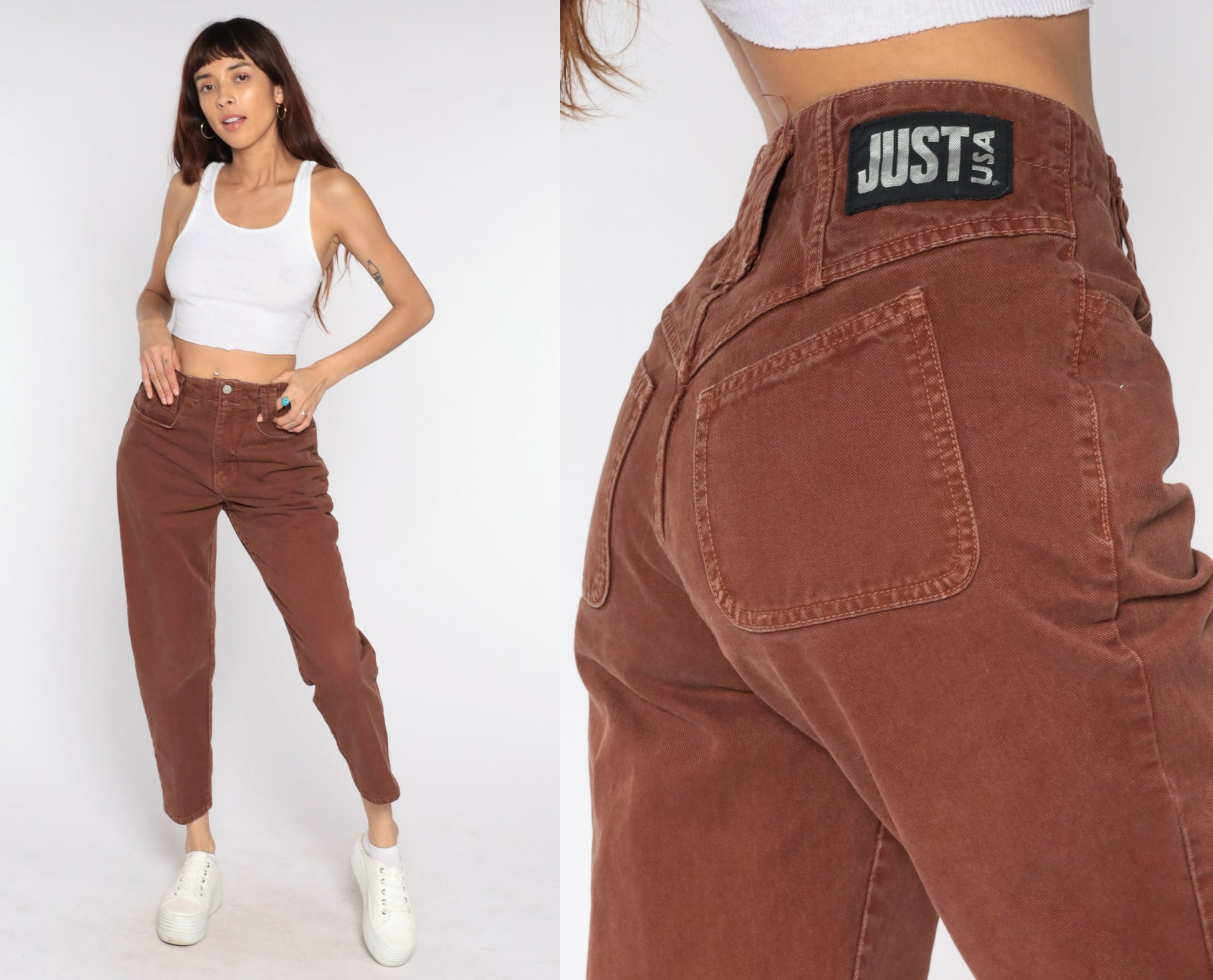 80s Brown High-Waist Tapered Jeans Denim Pants Medium 29