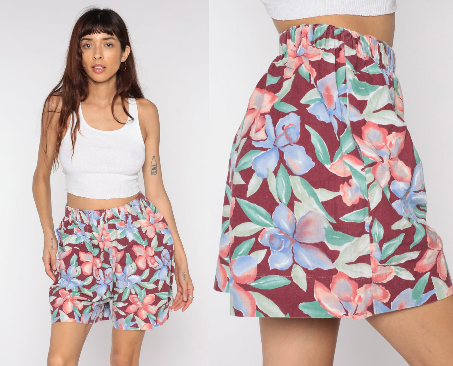 90s Floral High-Waist Baggy Shorts Burgundy Wide Leg Small Medium