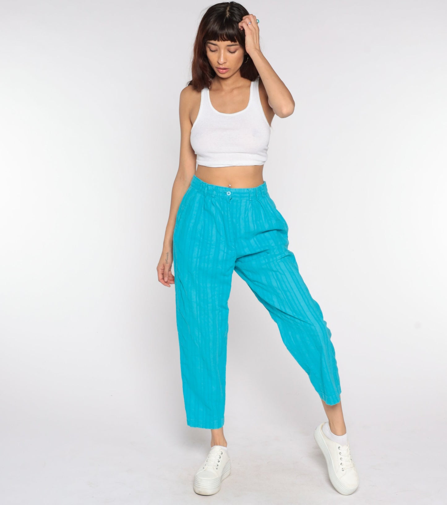 90s Turquoise High-Waisted Pleated Tapered Trousers Medium 29