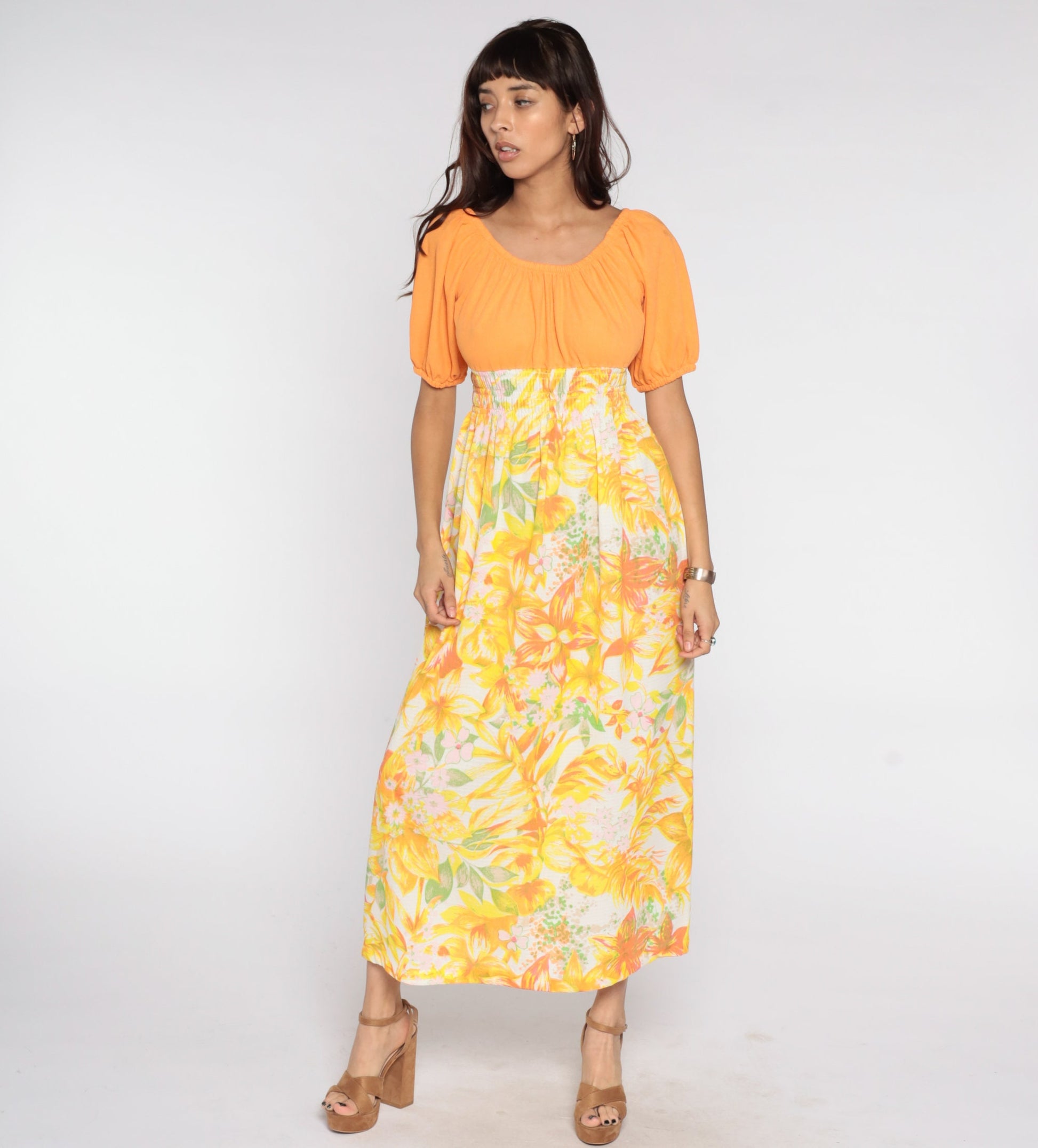 70s Floral Maxi Dress Orange Smocked Empire Waist Peasant Medium