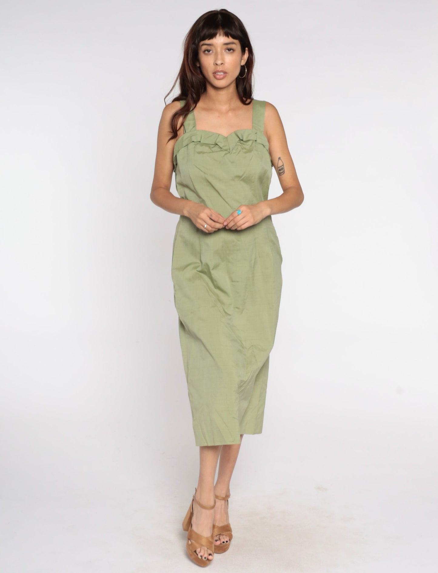 1950s Avocado Green Pencil Dress Sleeveless Tank Sheath Midi Large