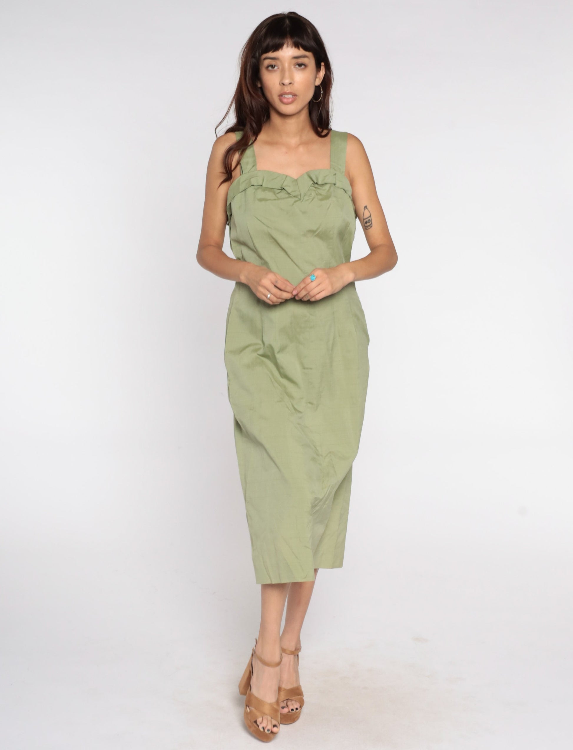 1950s Avocado Green Pencil Dress Sleeveless Tank Sheath Midi Large