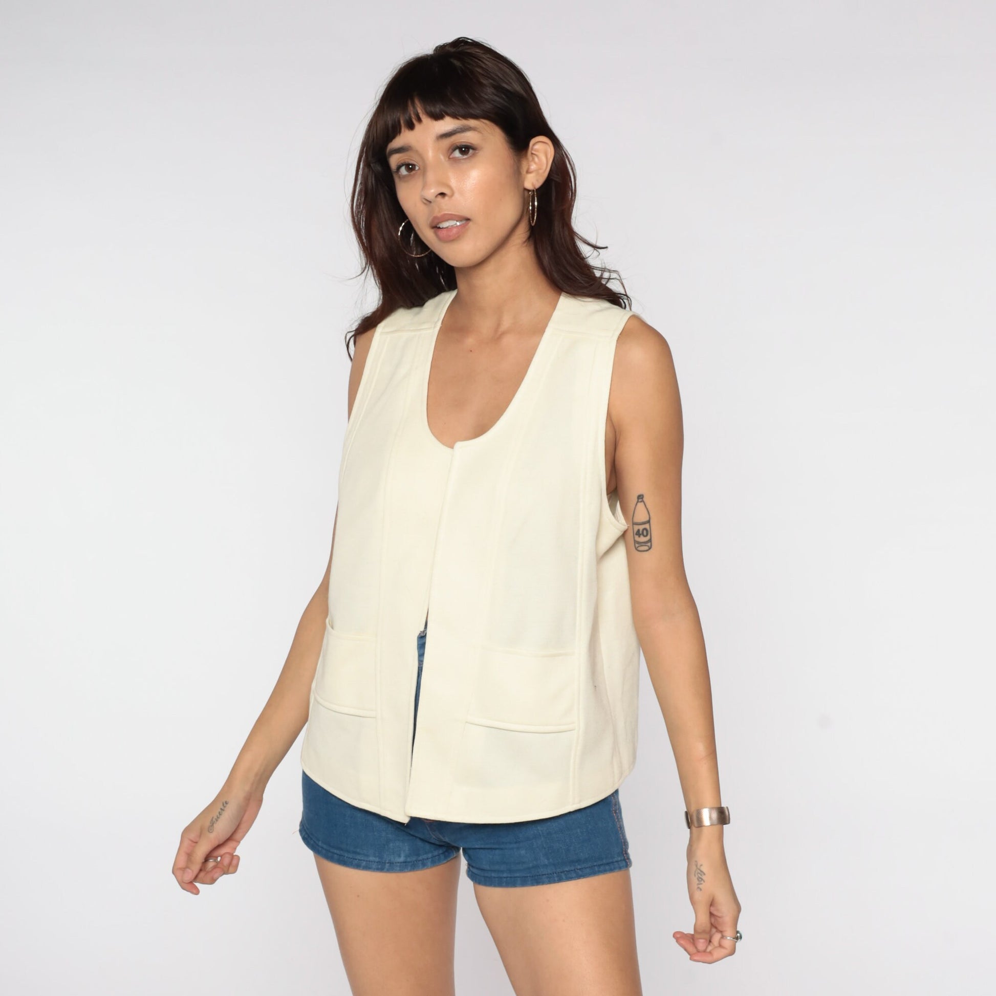 70s Cream Open Front Sleeveless Vest Large L