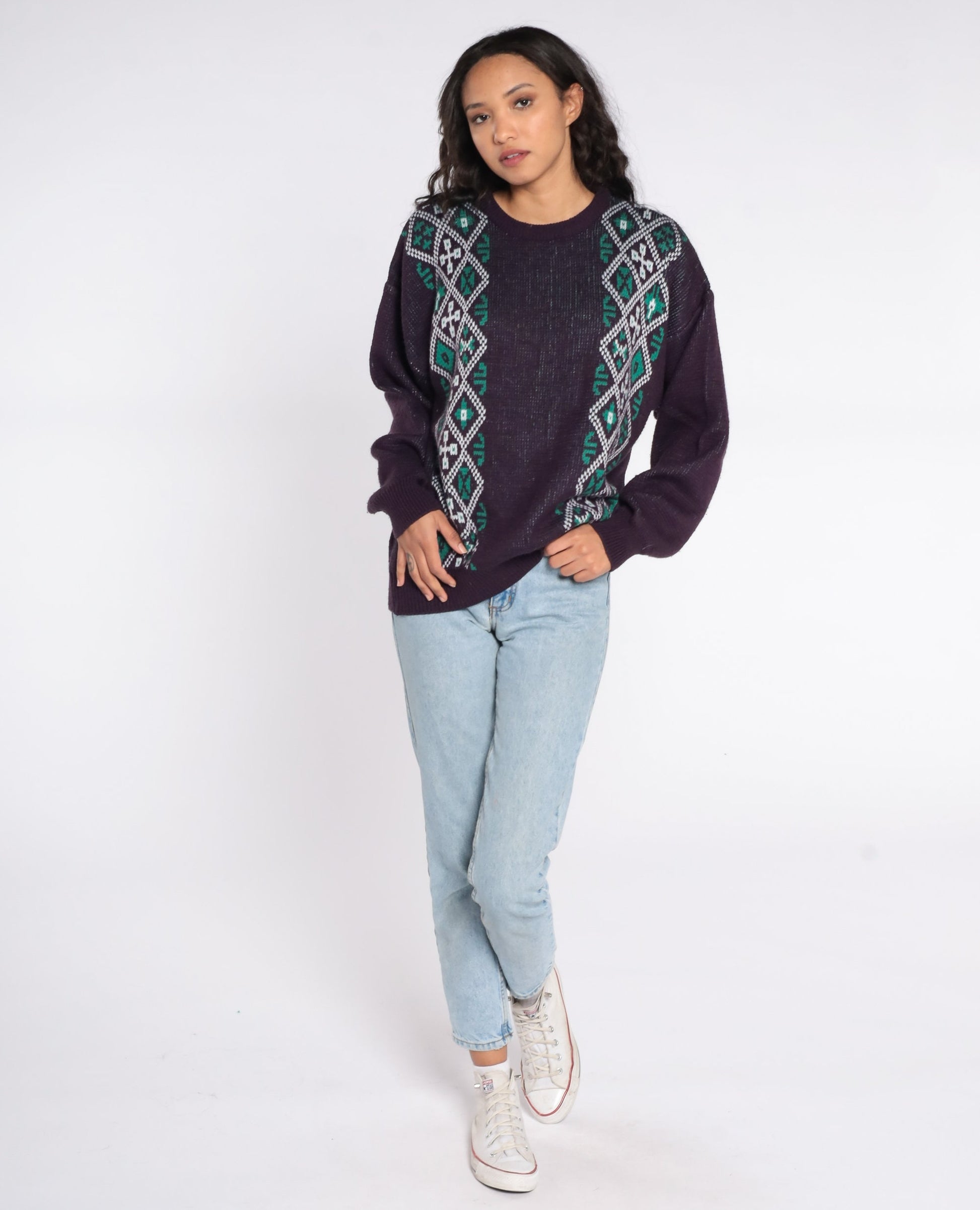 80s Fair Isle Sweater Eggplant Purple Geometric Knit Crewneck Extra Large