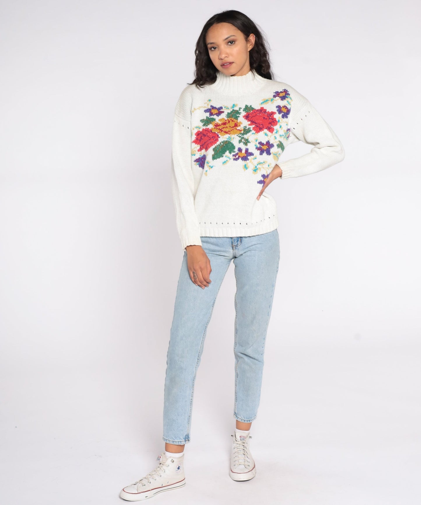 90s White Floral Mock Neck Sweater Cotton Ramie Knit Pullover Medium