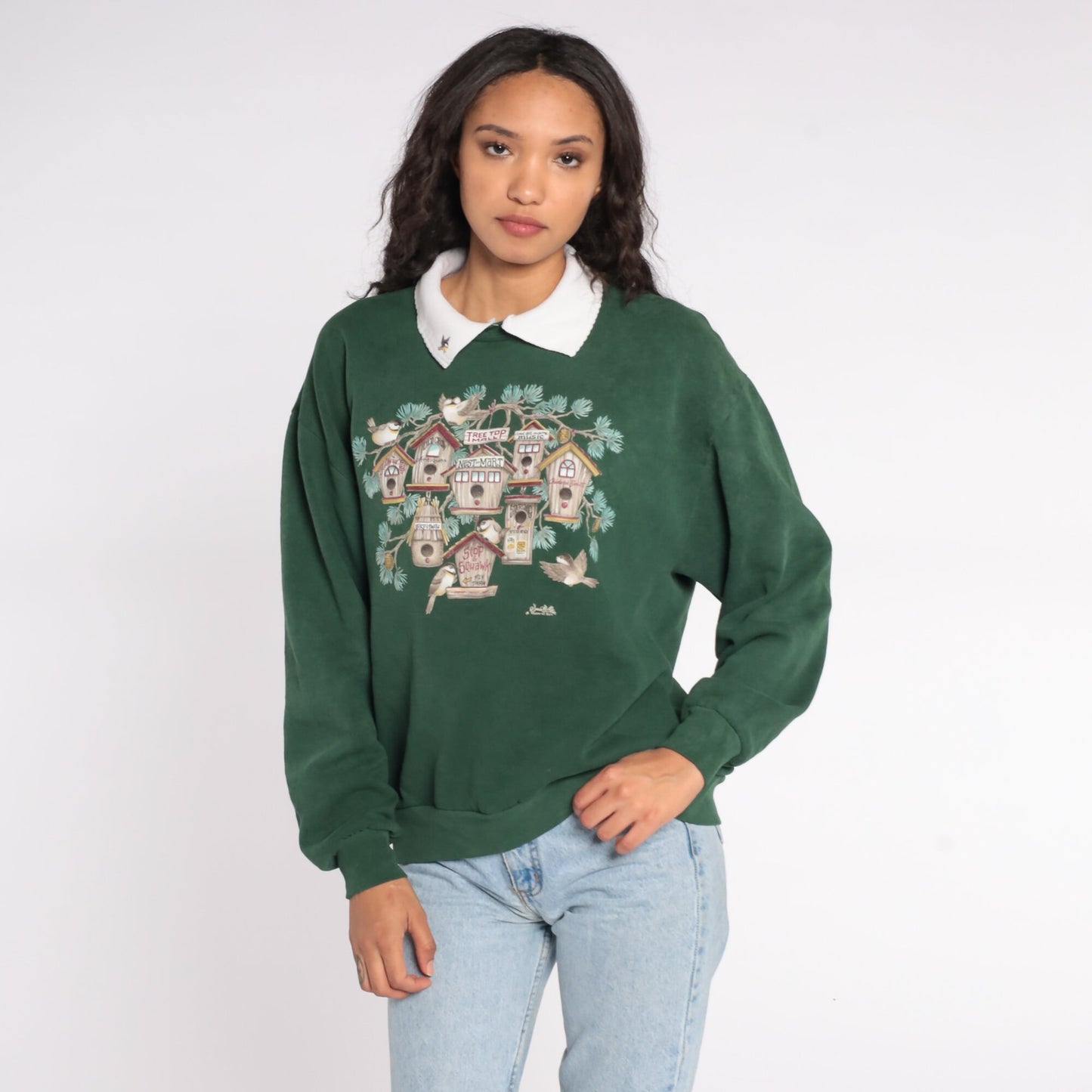 90s Bird Graphic Sweatshirt Green Collared Crewneck Large