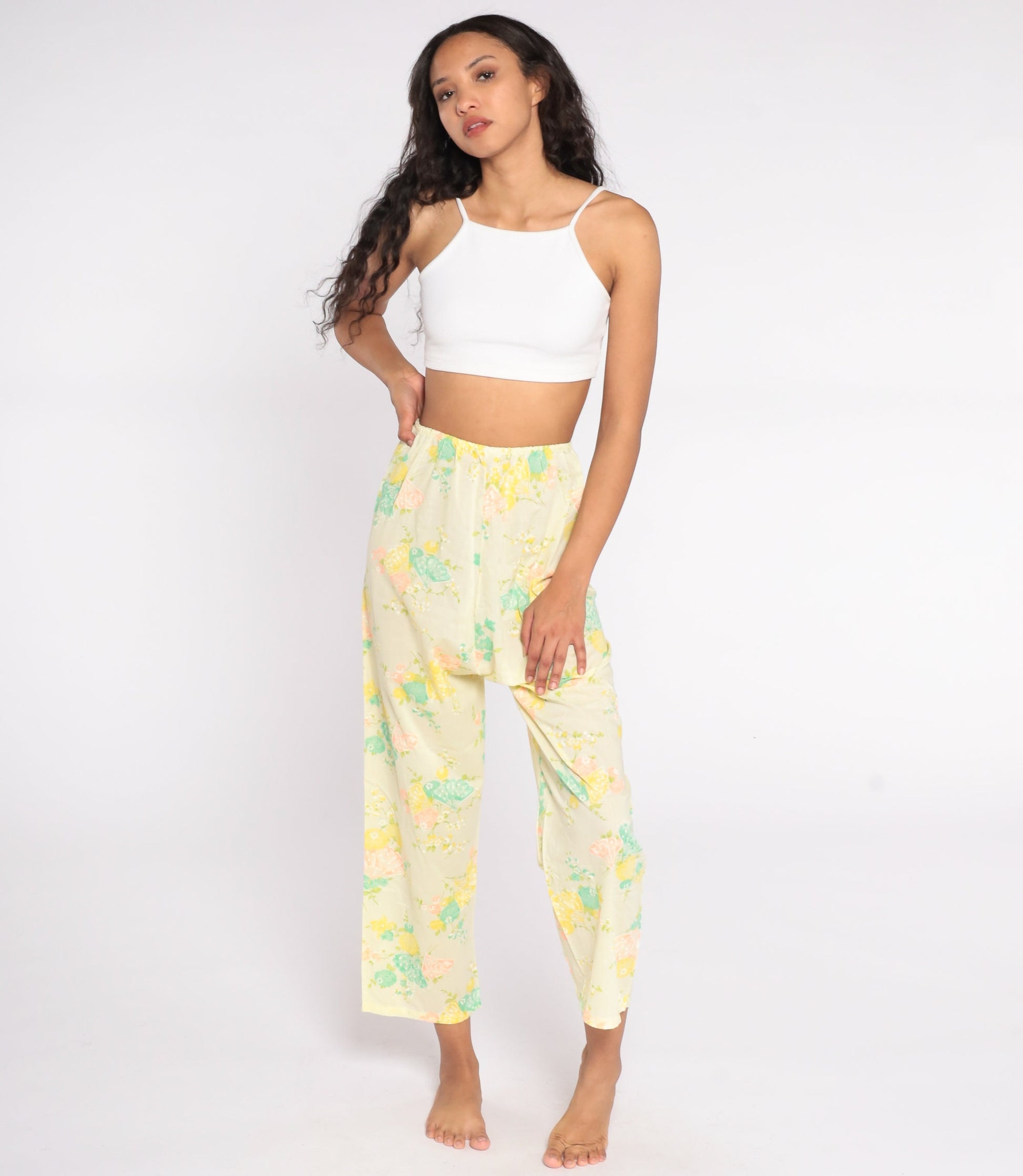 70s Yellow Floral Wide Leg Pants Butterfly Print High Waist Small Medium