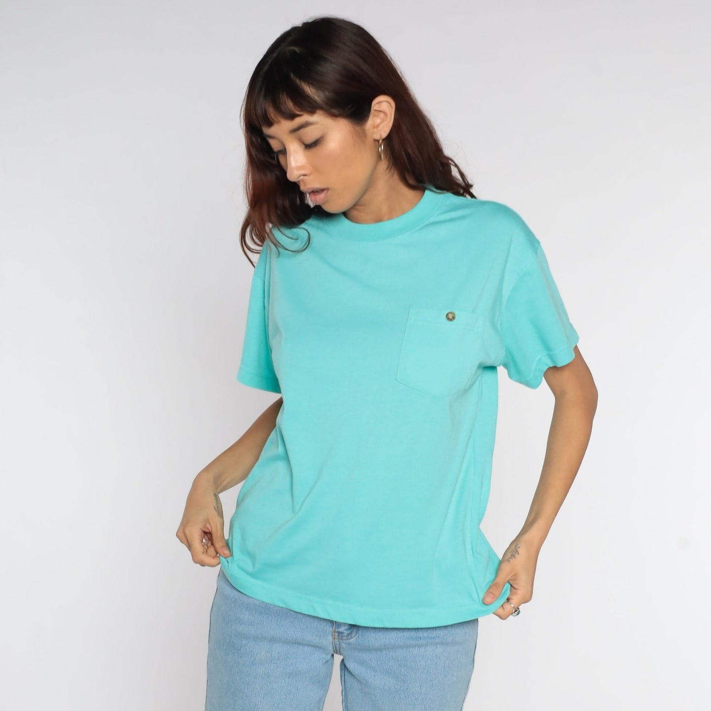 80s Turquoise Blue Pocket T-Shirt Cotton Blend Plain Tee Small S
