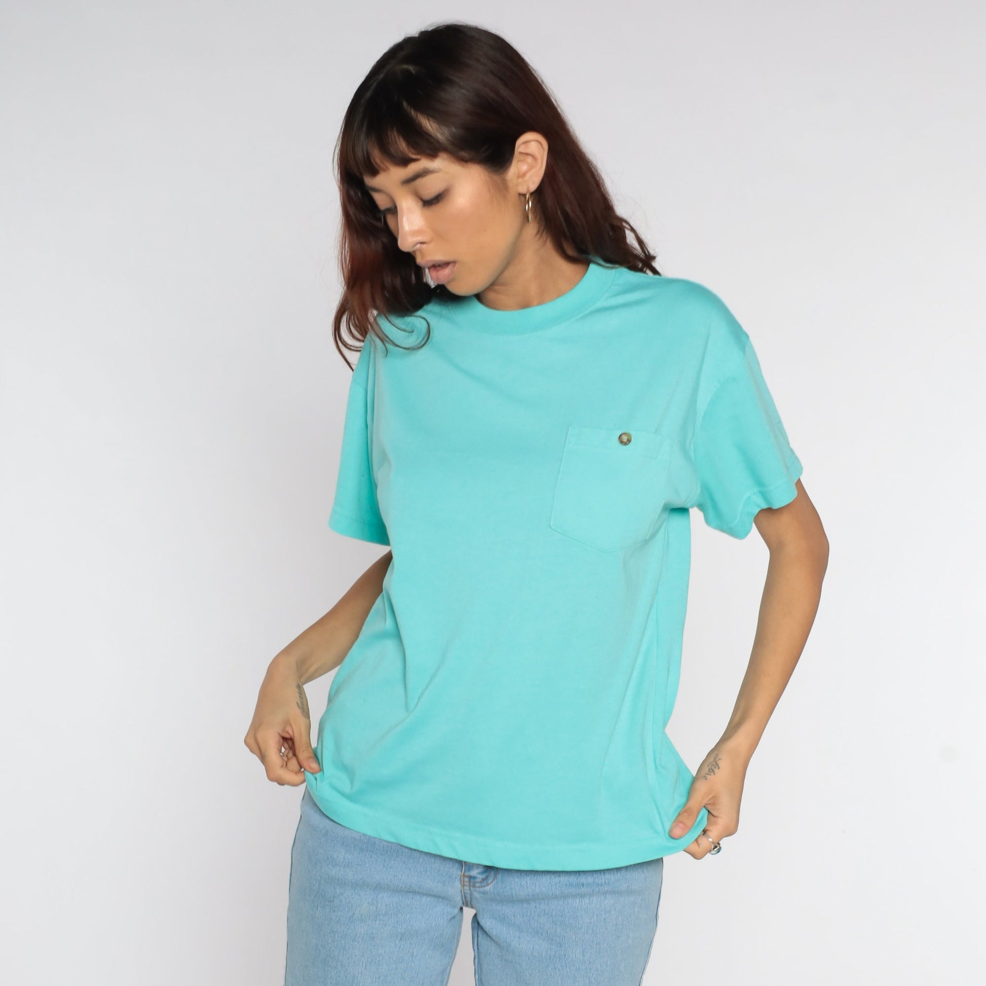 80s Turquoise Blue Pocket T-Shirt Cotton Blend Plain Tee Small S