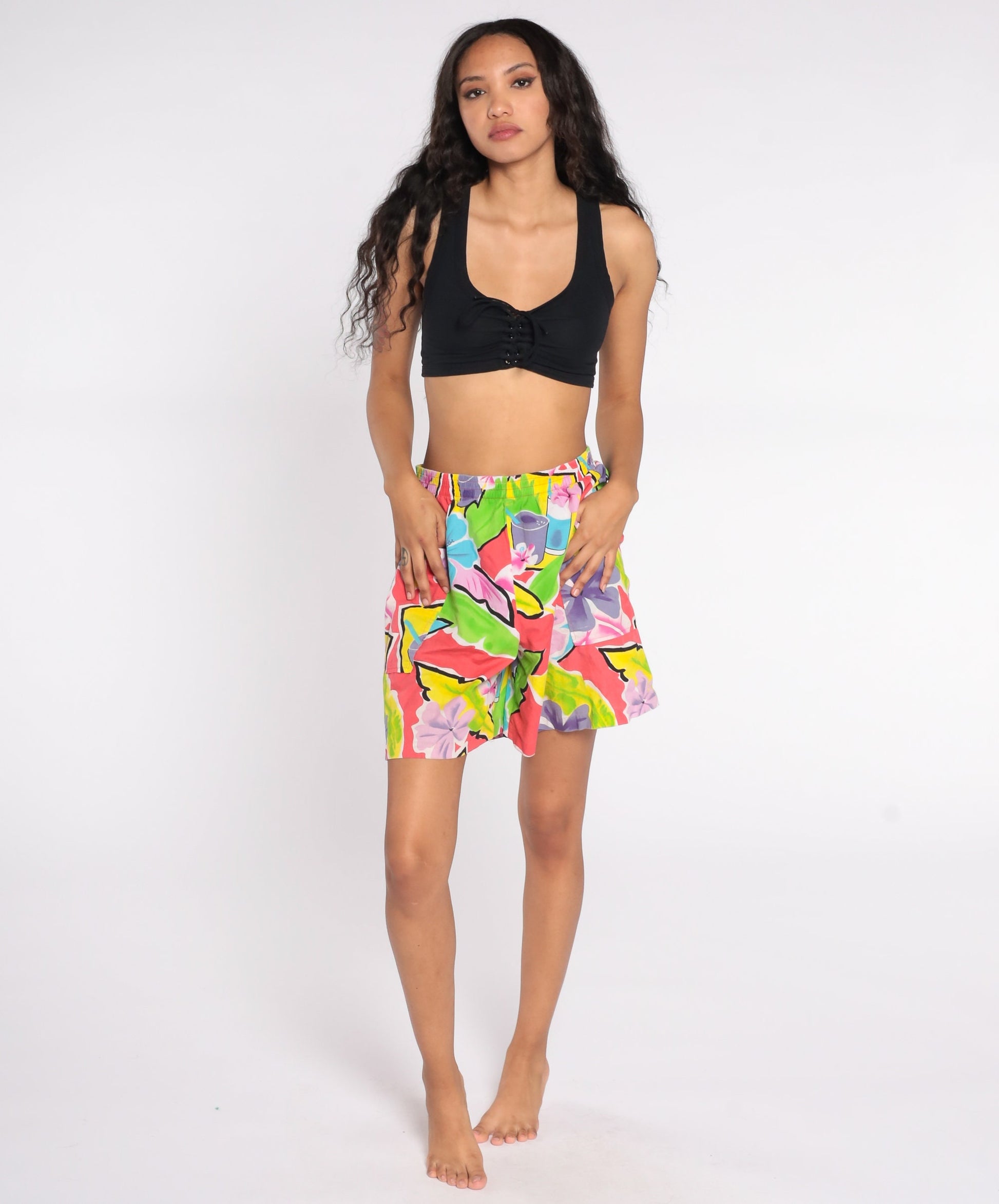 80s Hilo Hattie Tropical Floral Shorts High Waist Elastic Waist Medium