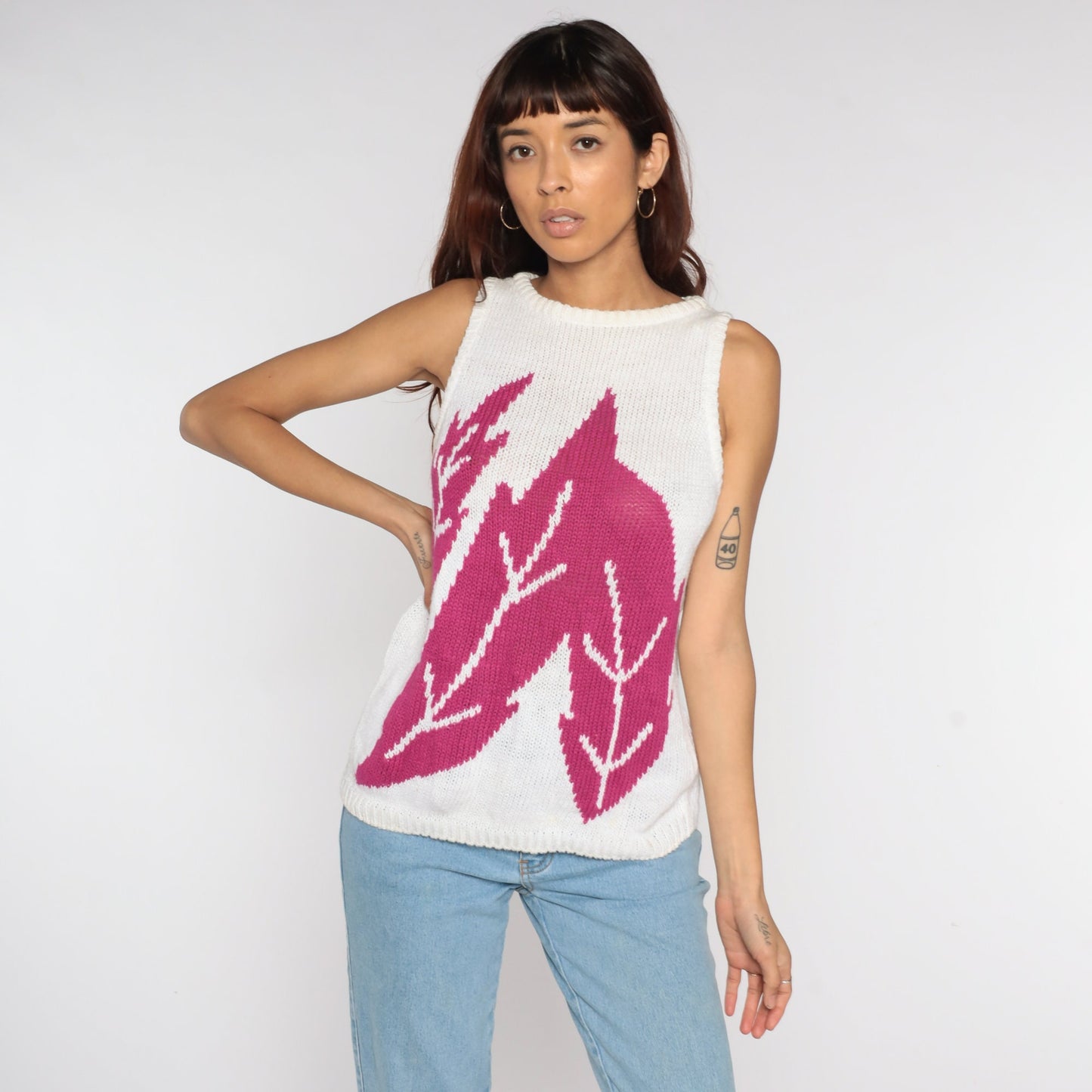 80s Tropical Leaf Knit Tank Top White Ramie Cotton Sleeveless Sweater Medium