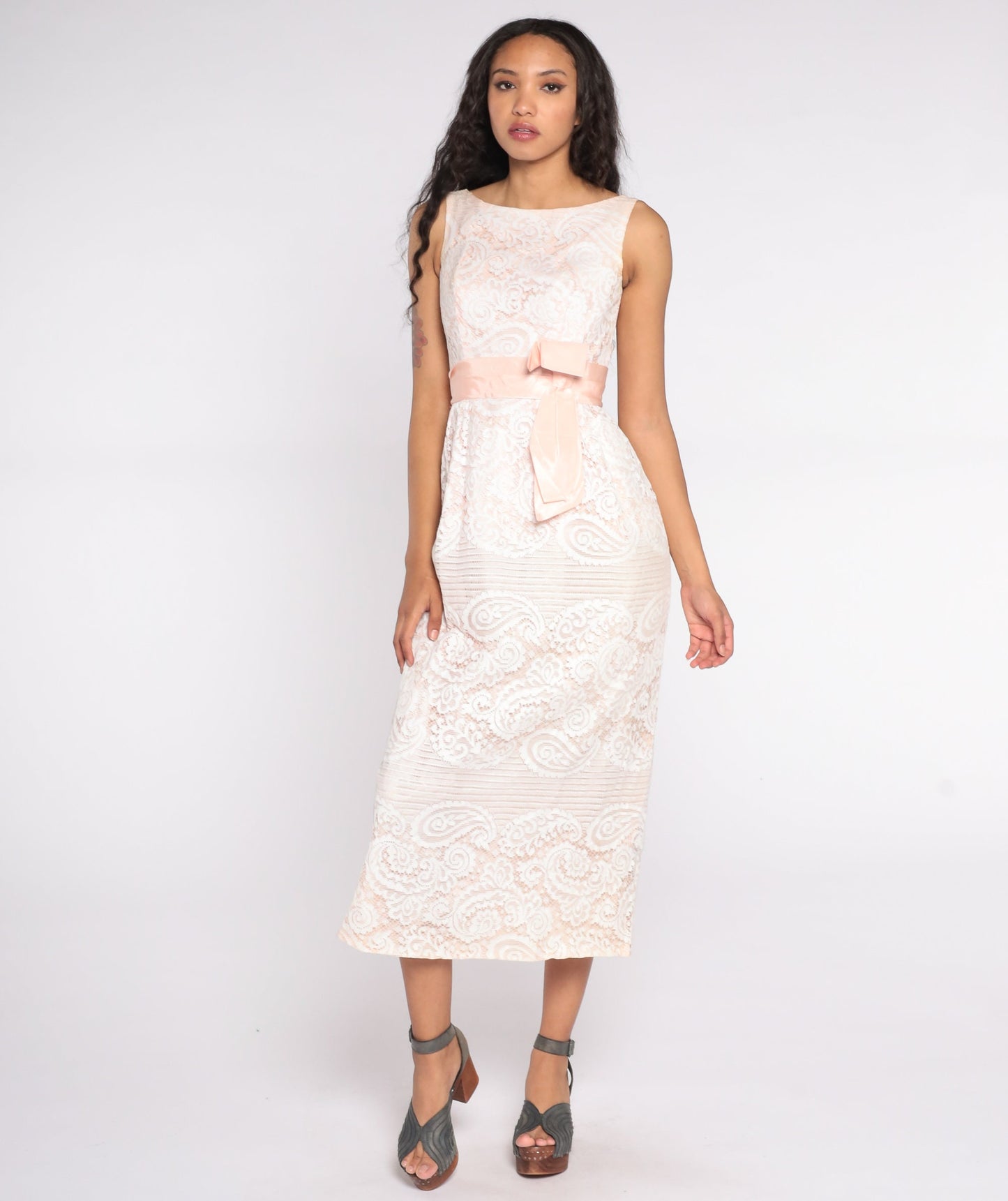 60s White Lace Maxi Dress Empire Waist Pink Bow Sleeveless Extra Small