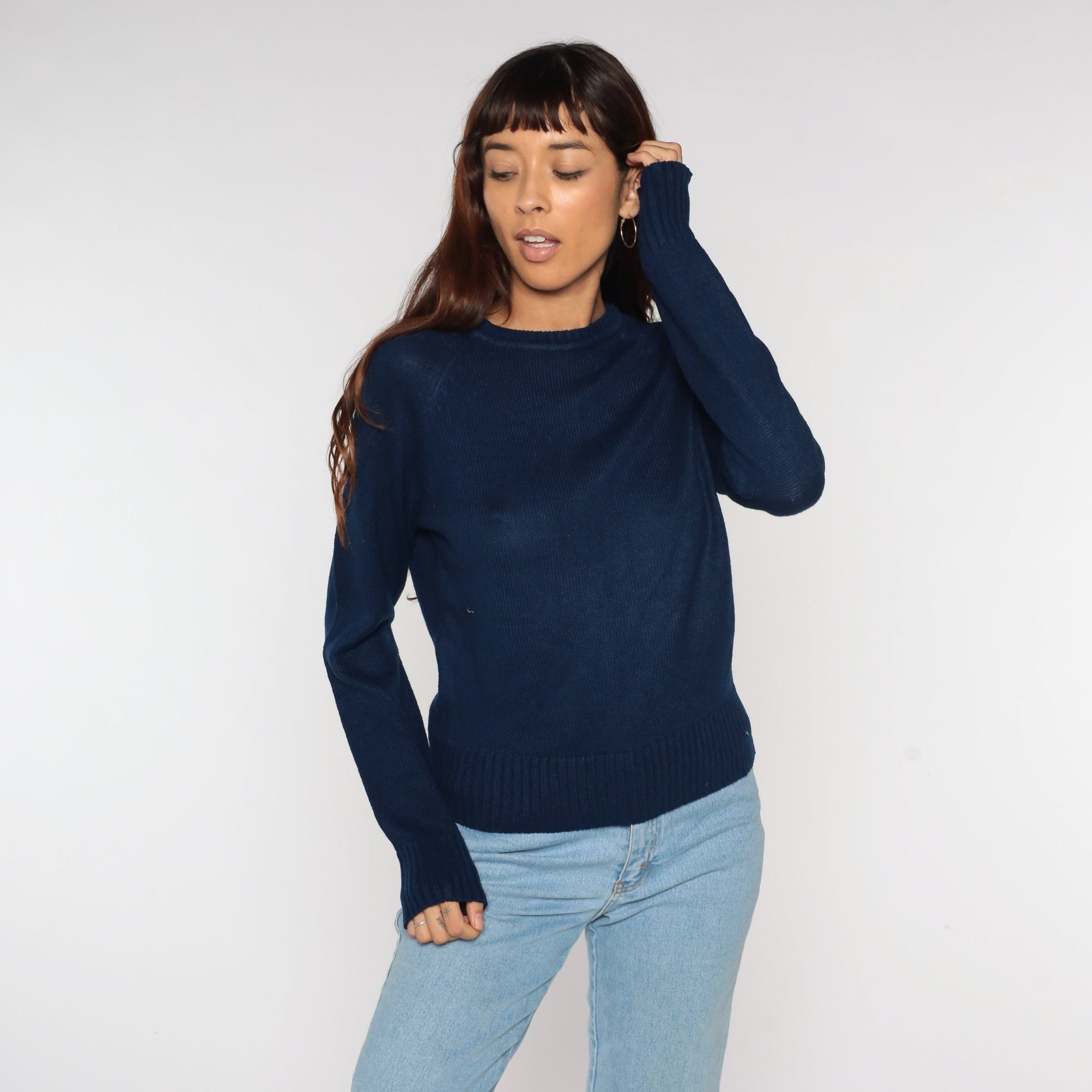 80s Navy Knit Raglan Sweater Slouchy Pullover Unisex Medium