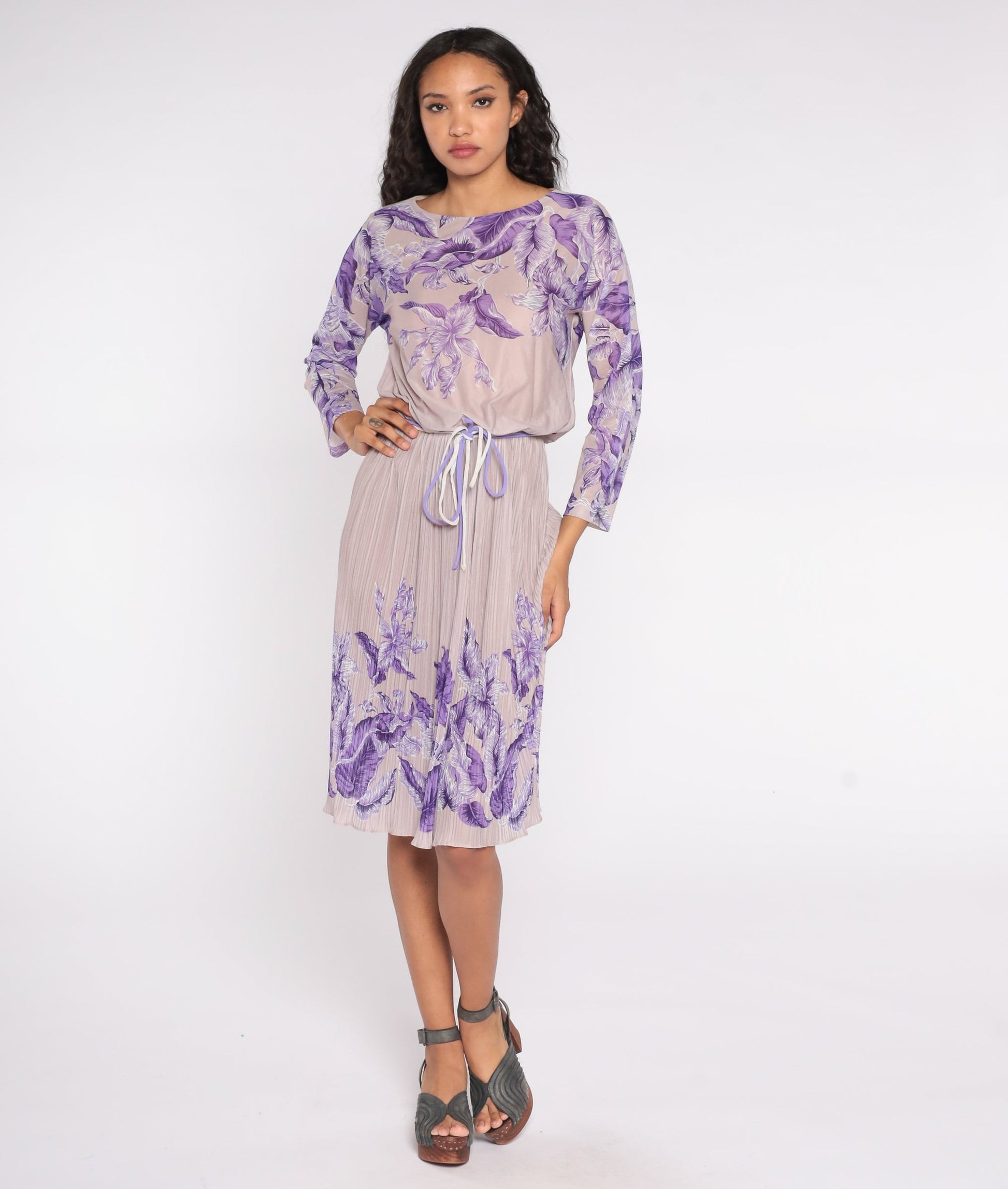 70s Lavender Floral Midi Dress High Waist Pleated Long Sleeve Small Medium