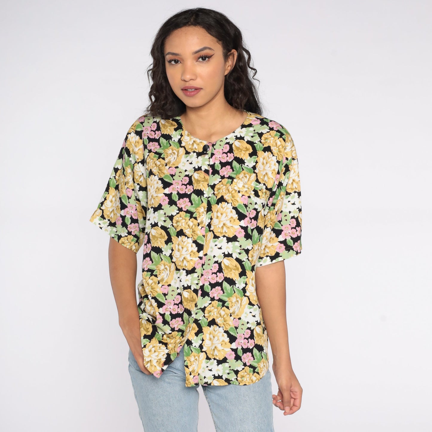 90s Black Floral Button-Up Shirt Short Sleeve Blouse Extra Large XXL