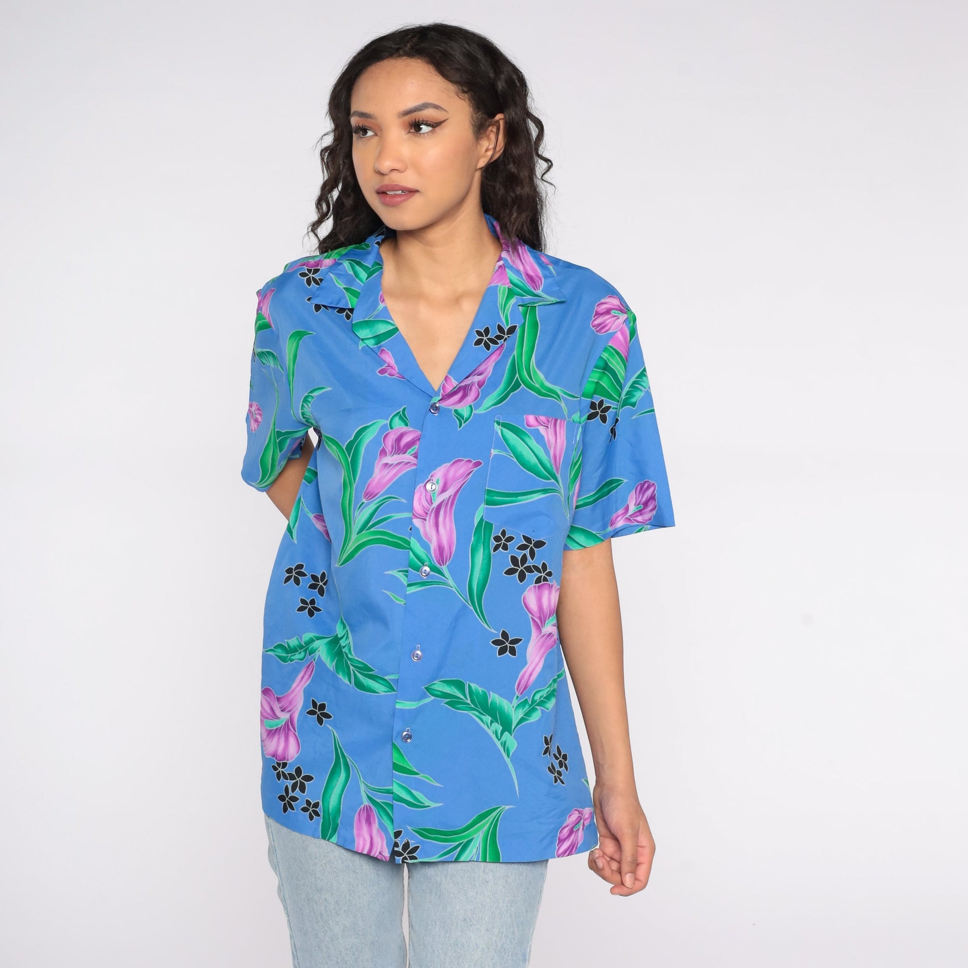 80s Hilo Hattie Tropical Floral Button-Up Shirt Blue Purple Green Large