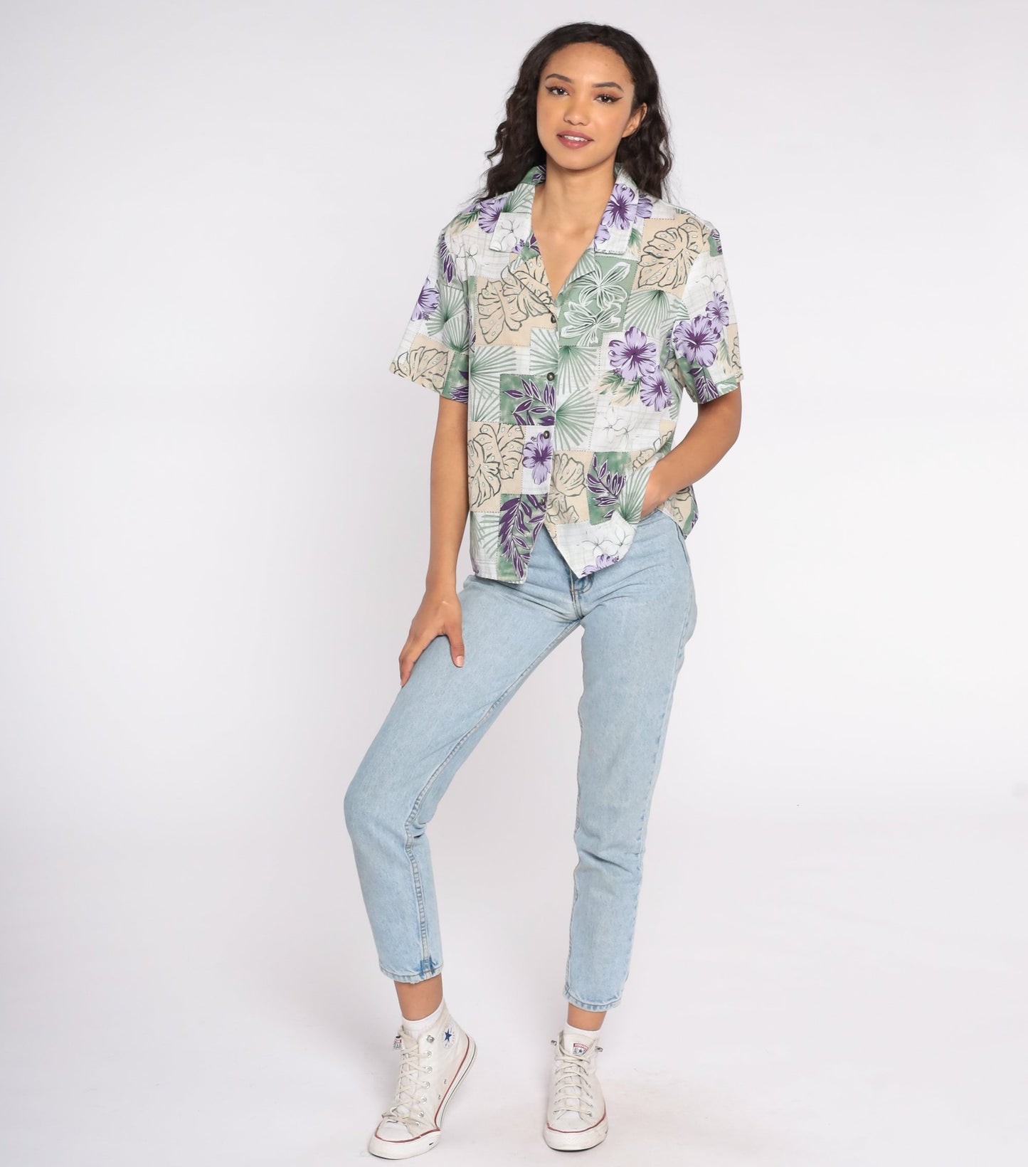 90s Tropical Leaf Print Hawaiian Button-Up Blouse Short Sleeve Extra Large XL