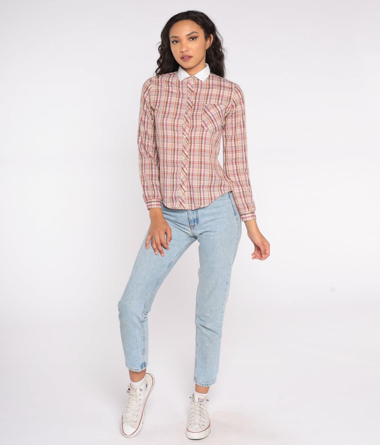80s Western Plaid Button Up Blouse Purple Red Yellow Checkered Cowgirl Shirt Extra Small XS