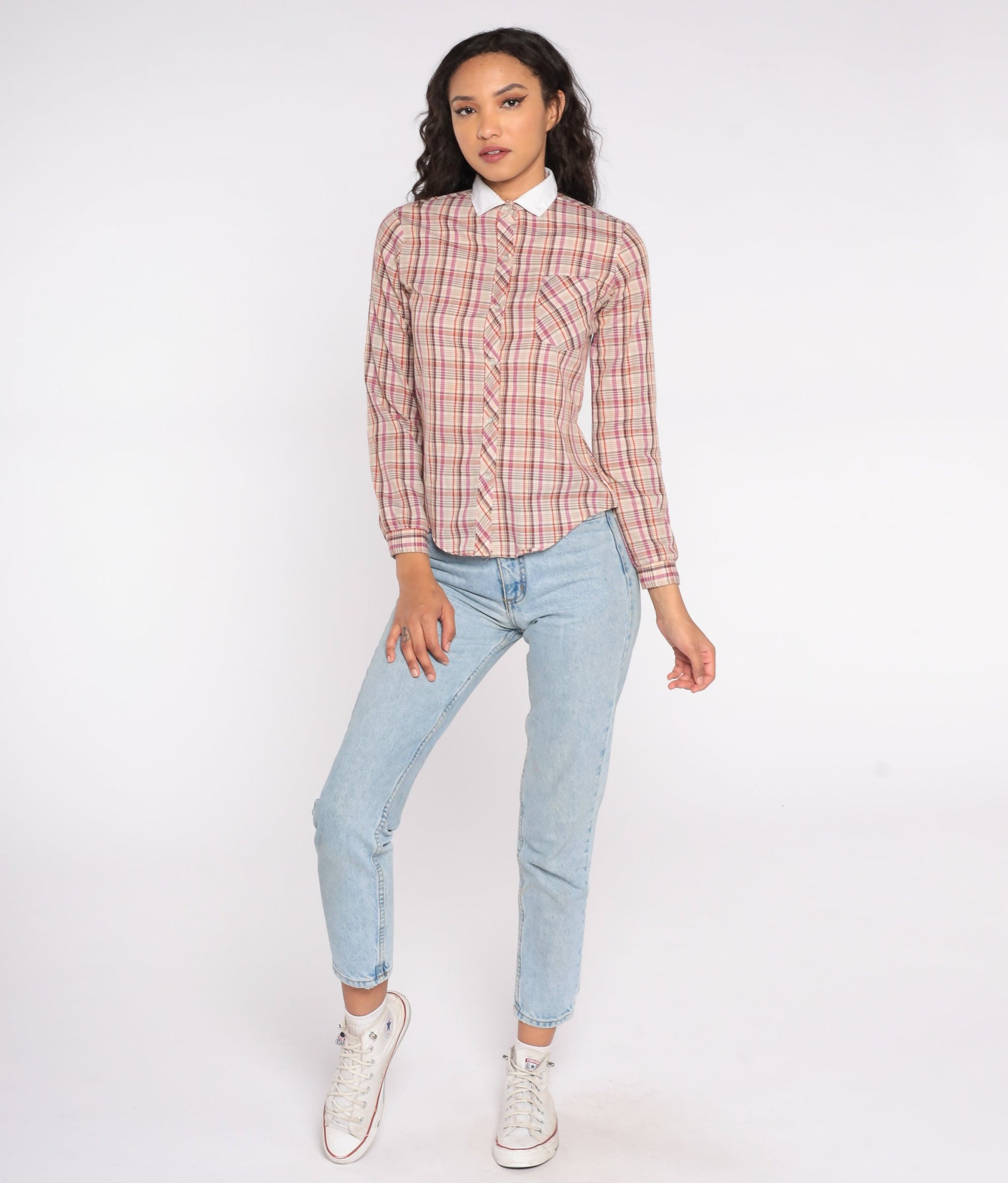 80s Western Plaid Button Up Blouse Purple Red Yellow Checkered Cowgirl Shirt Extra Small XS