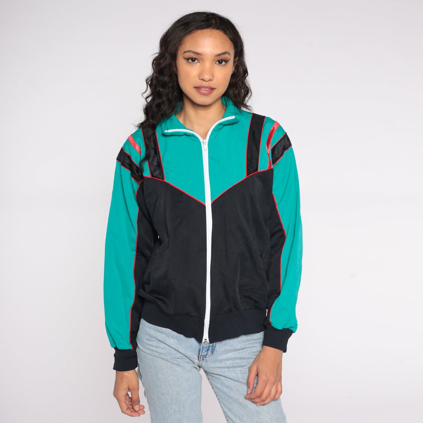 80s Track Jacket Zip-Up Sweatshirt Black Teal Colour Block Medium