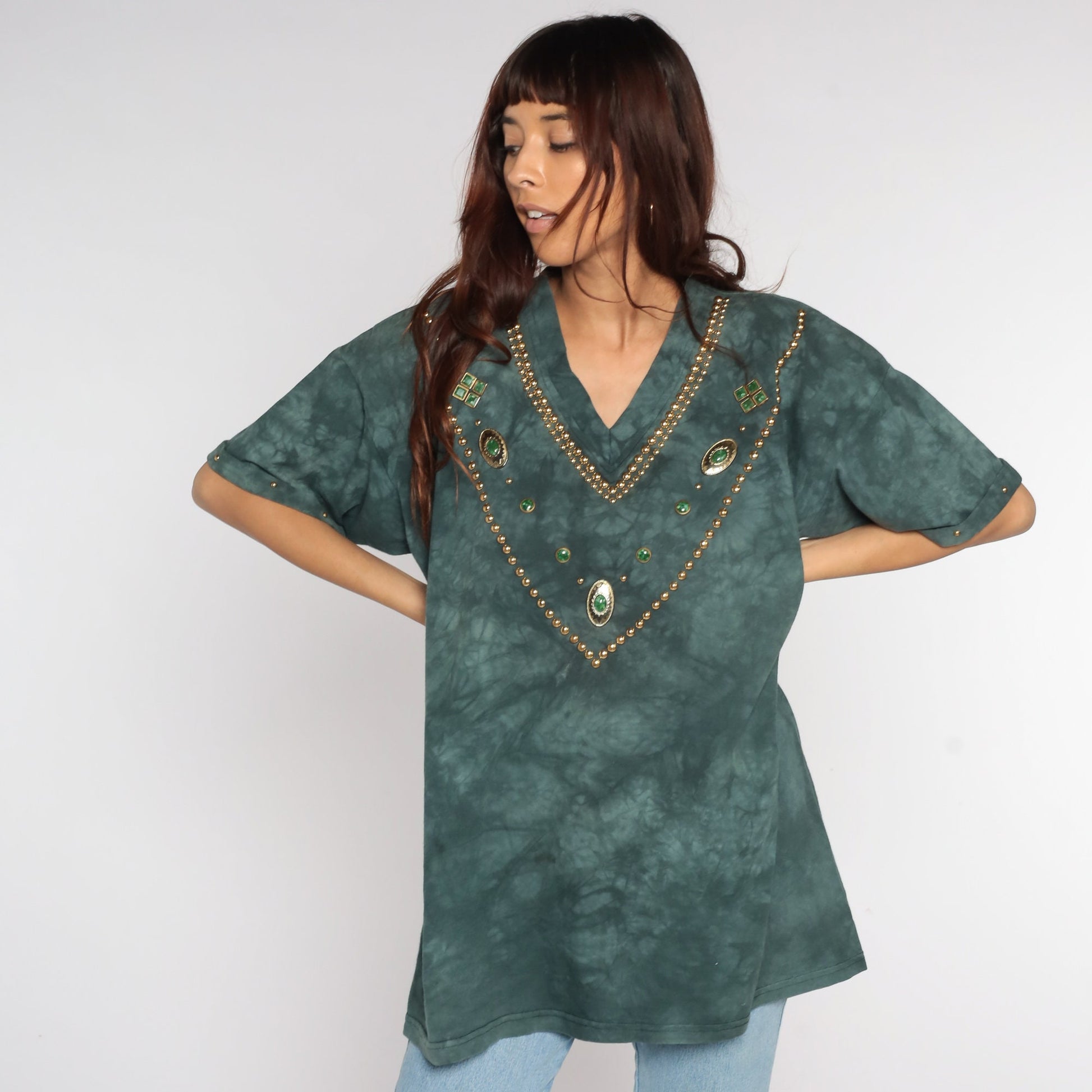 80s Tie Dye V-Neck T-Shirt Gold Studded Green Short Sleeve Extra Large