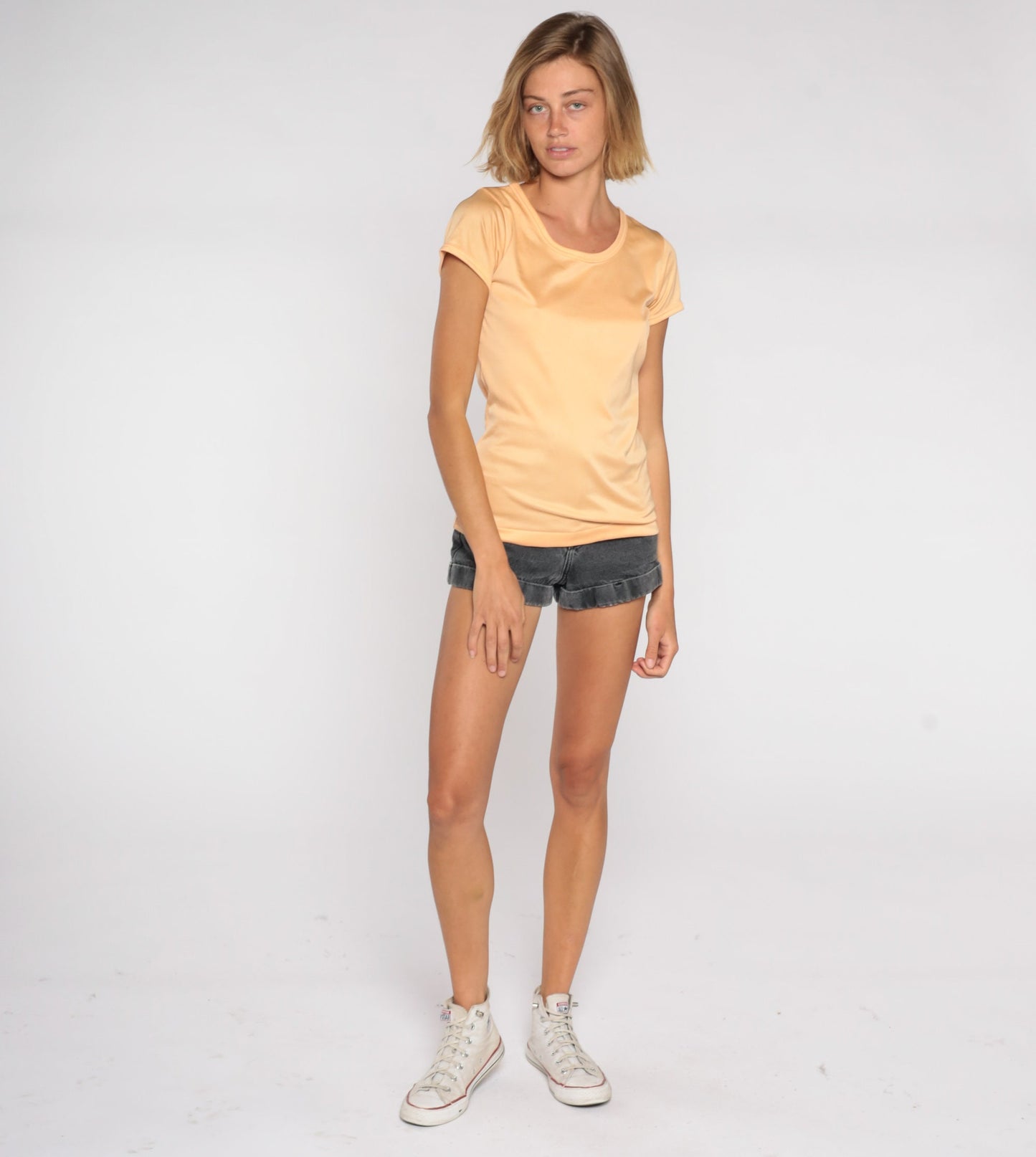 80s Peach Scoop Neck T-Shirt Shiny Polyester Short Sleeve Small