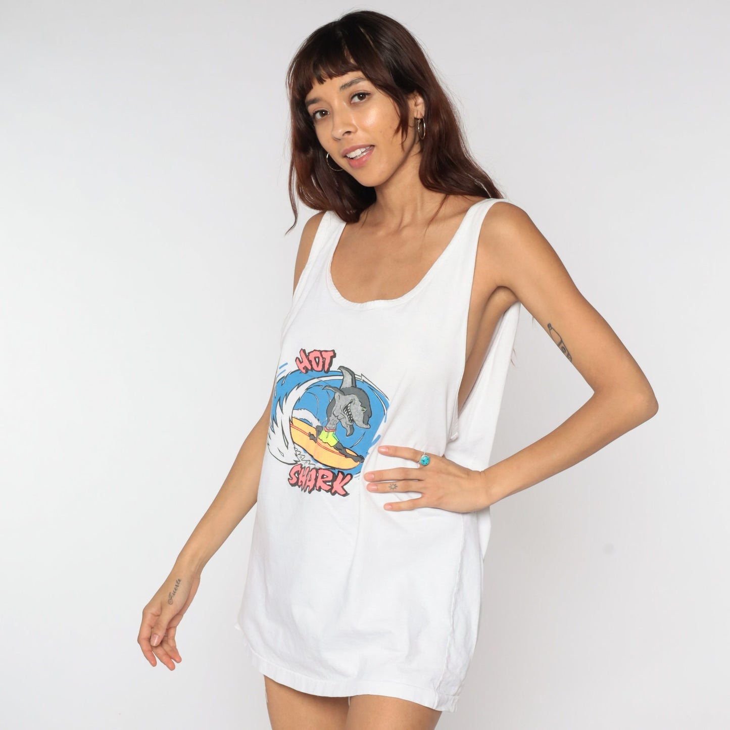 90s Hot Shark Surfing Graphic Tank Top White Extra Large XXL