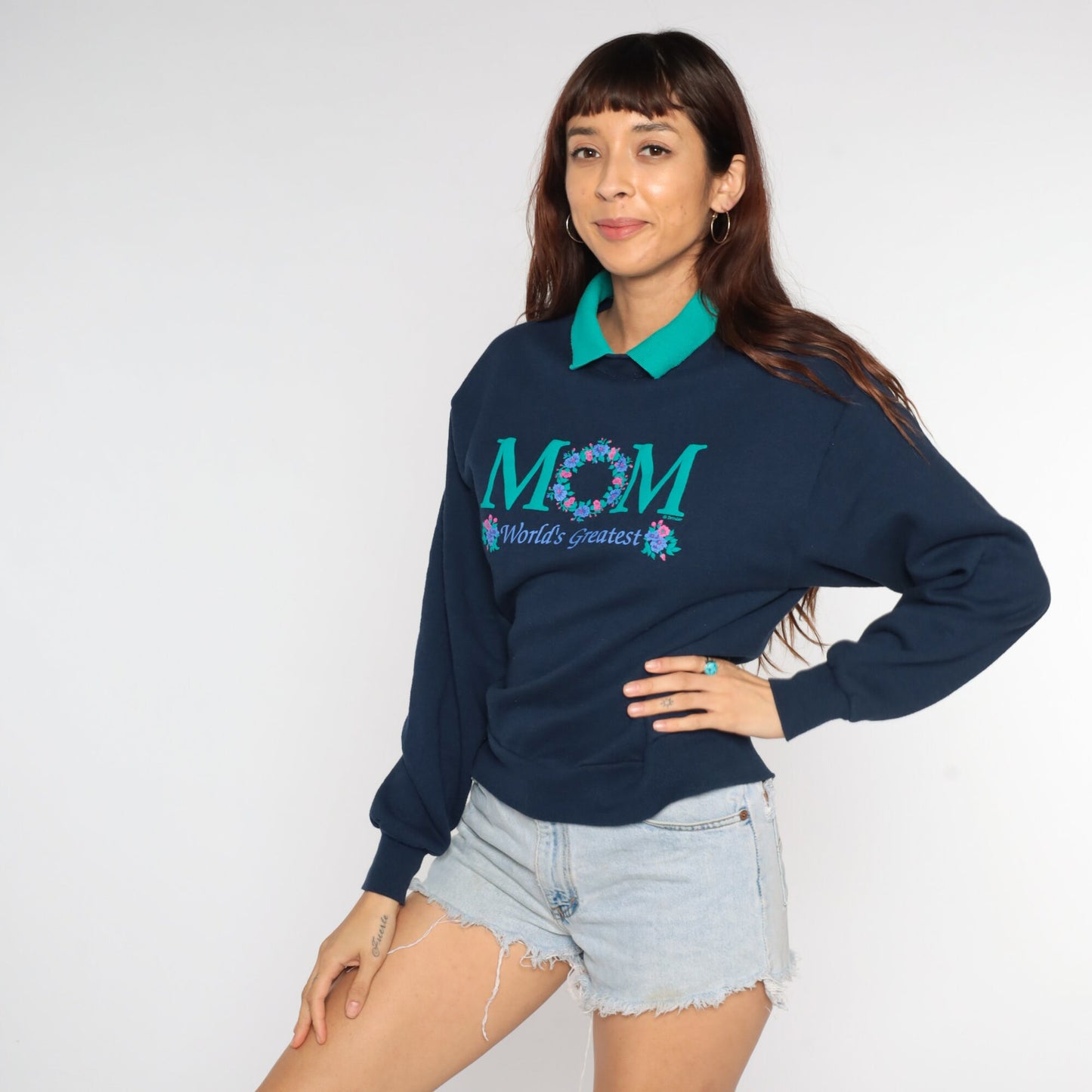 90s World's Greatest Mom Sweatshirt Navy Floral Graphic Crewneck Extra Small
