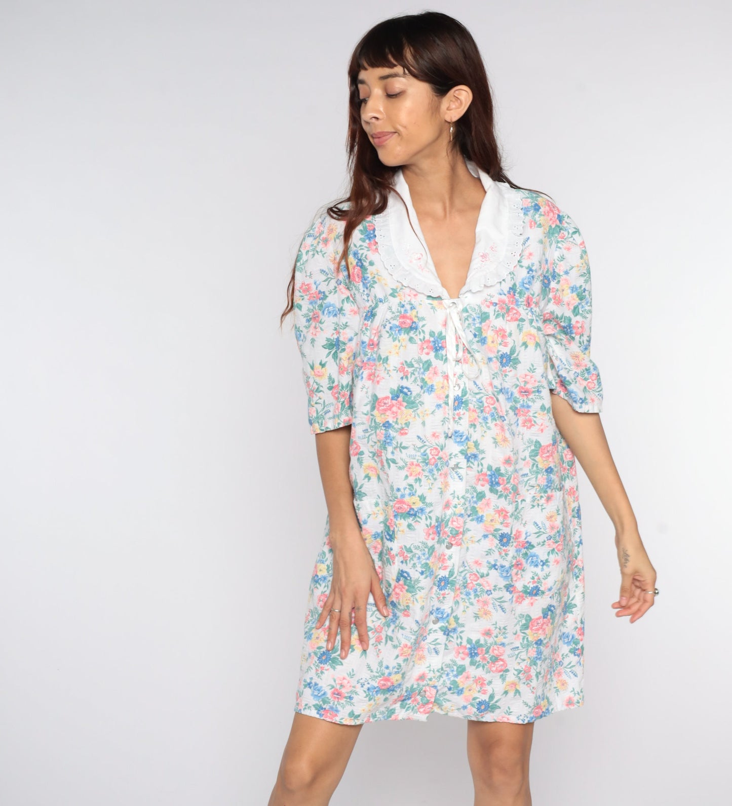 80s Floral Dress with Lace Collar Short Sleeve White Cotton Mini Large L