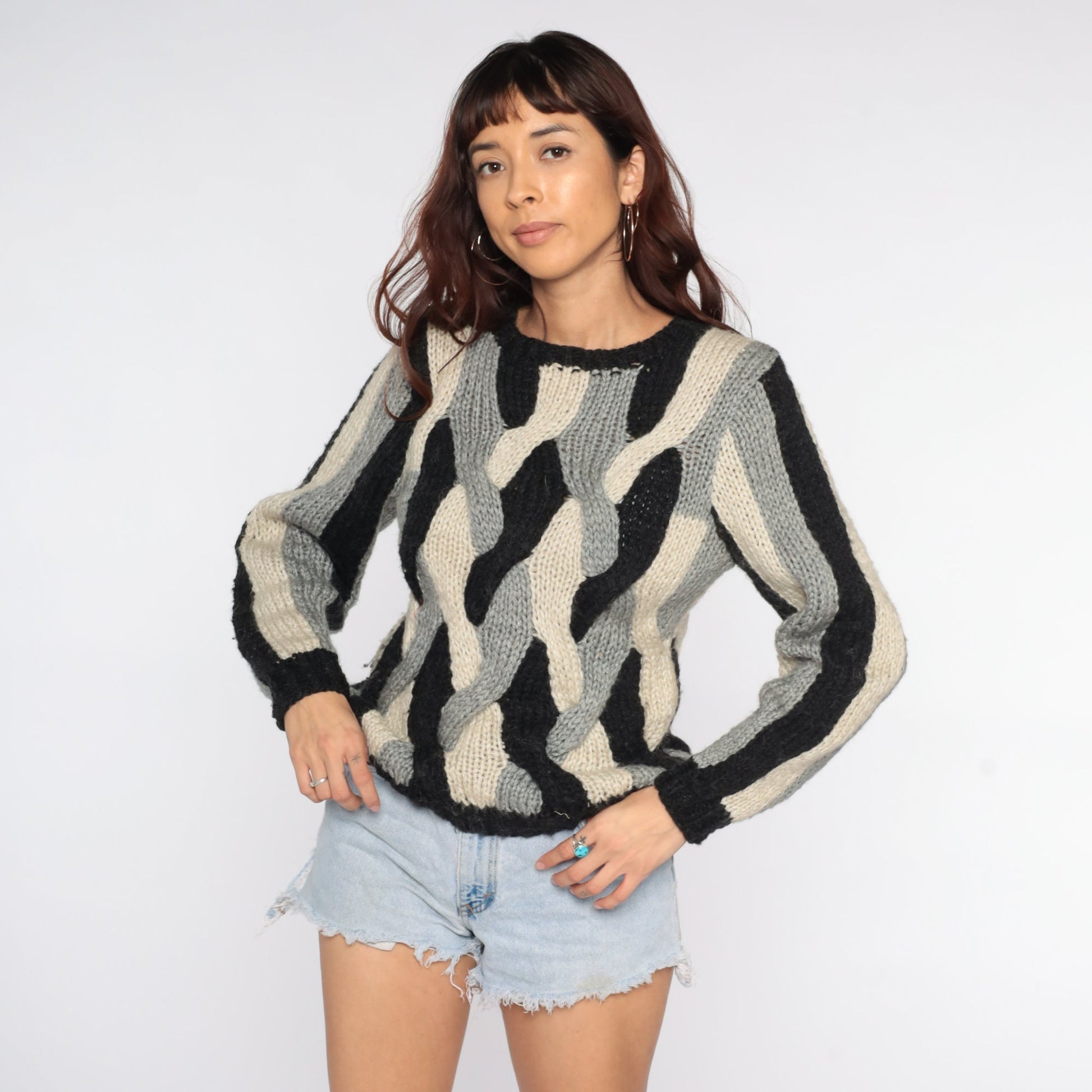 80s Striped Knit Sweater Black Cream Woven Pullover Small