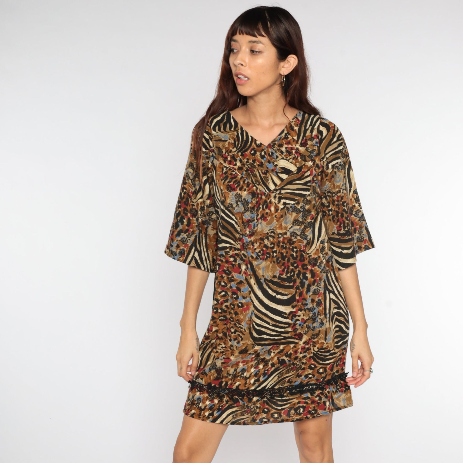 80s Animal Print Mini Shift Dress Brown 3/4 Sleeve Small