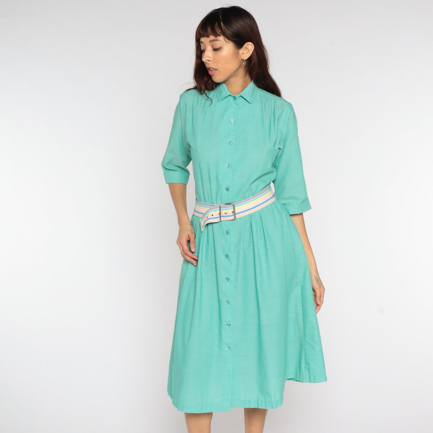 80s Green Shirtwaist Midi Dress High Waist Button Up 3/4 Sleeve Medium Petite