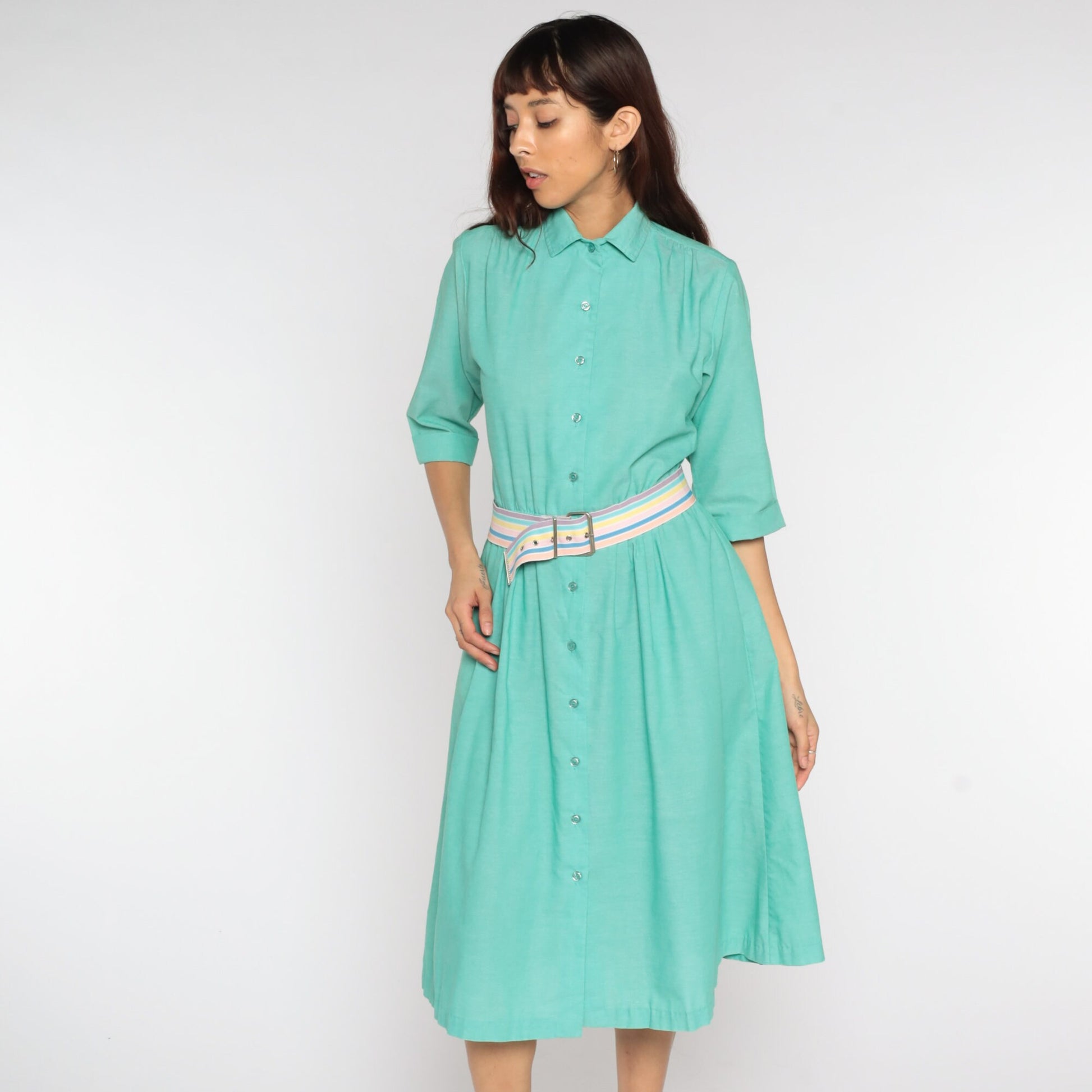 80s Green Shirtwaist Midi Dress High Waist Button Up 3/4 Sleeve Medium Petite