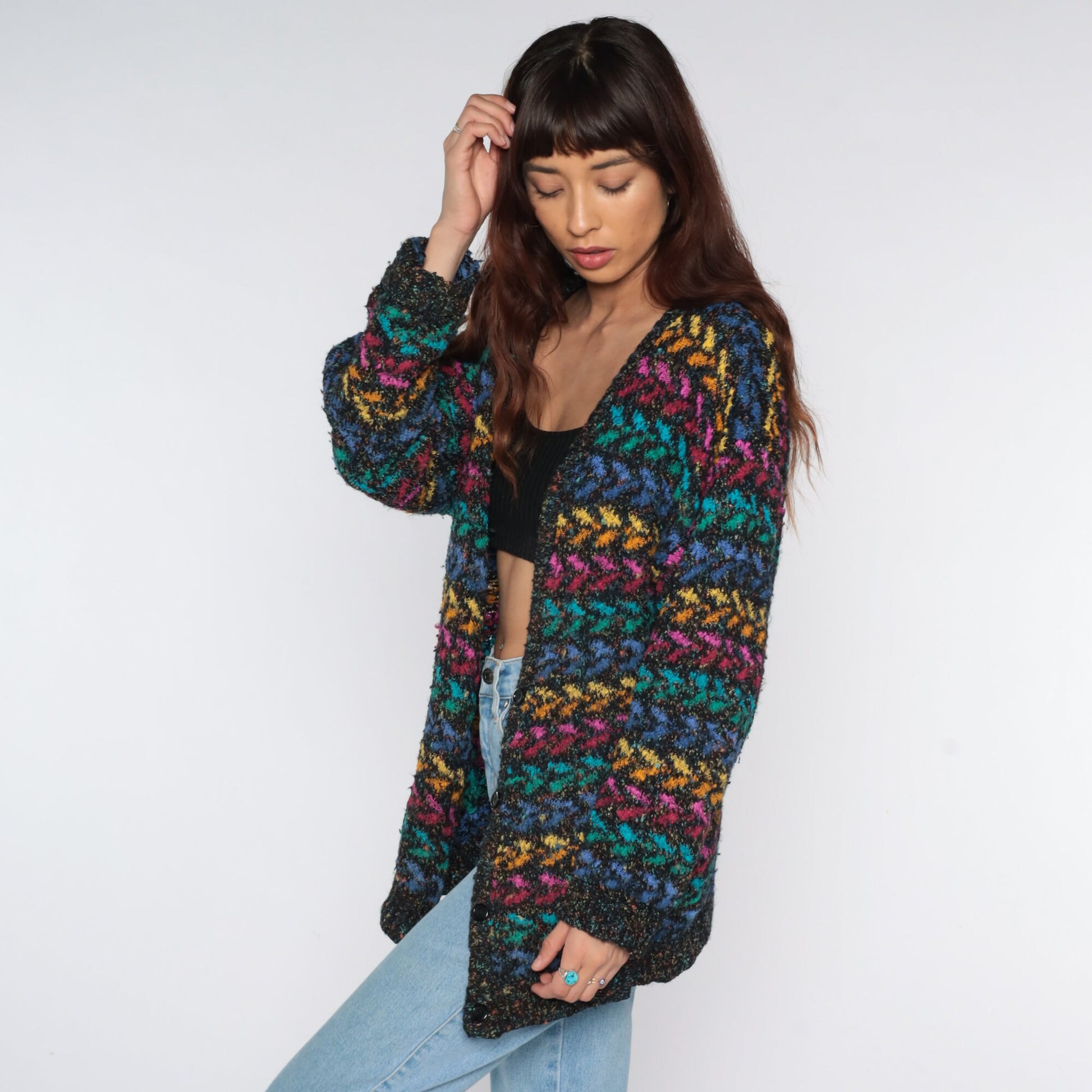 80s Metallic Geometric Cardigan Black Rainbow Sparkly Knit Small