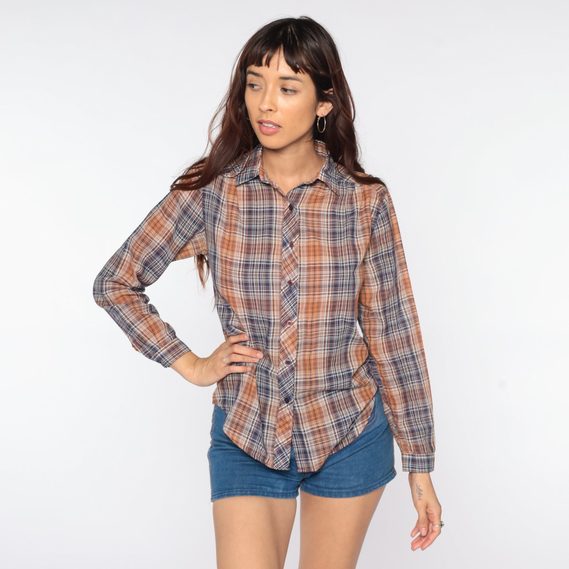 80s Plaid Button-Up Shirt Blue Brown Checkered Long Sleeve Small
