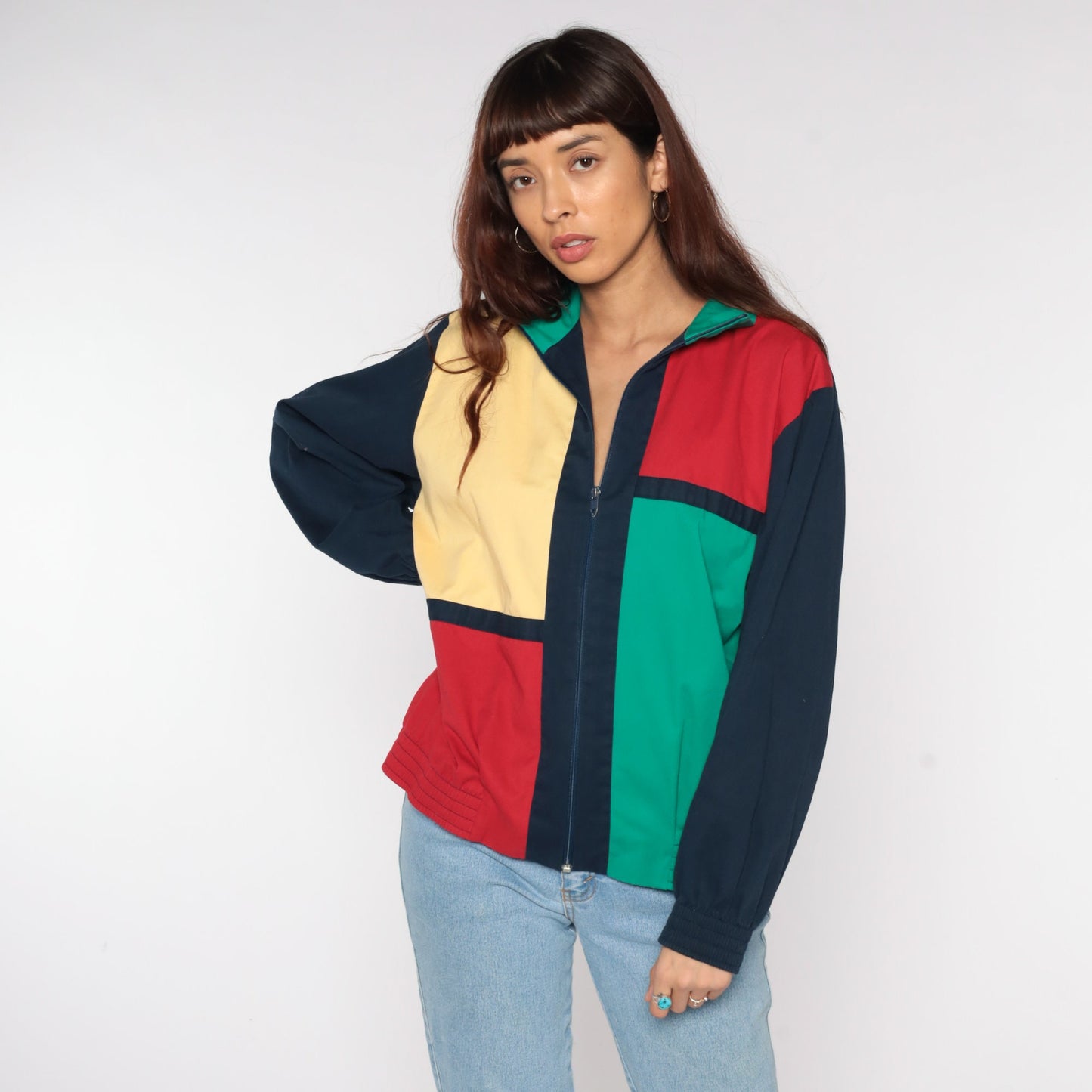 90s Color Block Windbreaker Jacket Navy Red Yellow Green Zip Medium