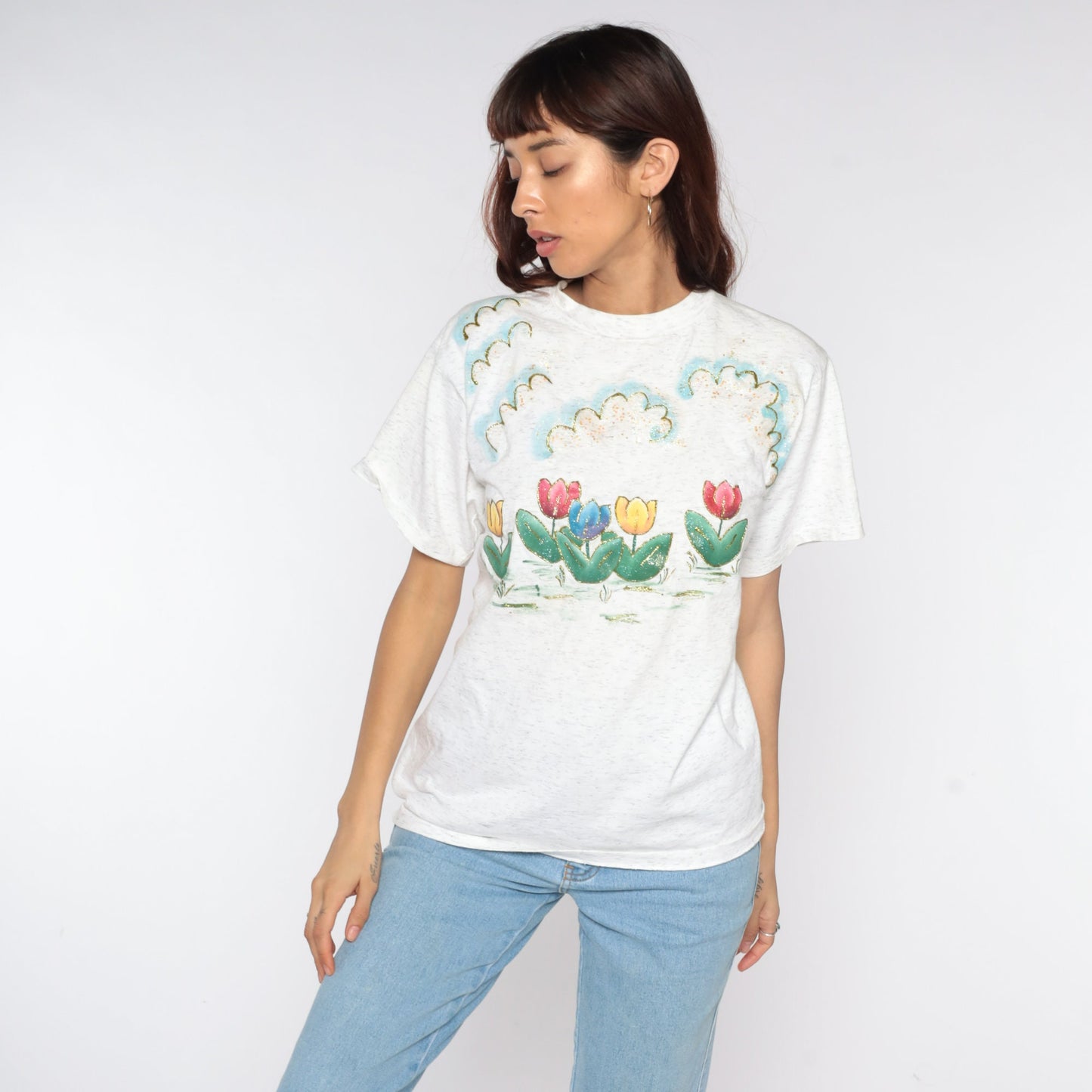 90s Glitter Tulip Floral T-Shirt Cotton Graphic Tee Medium M