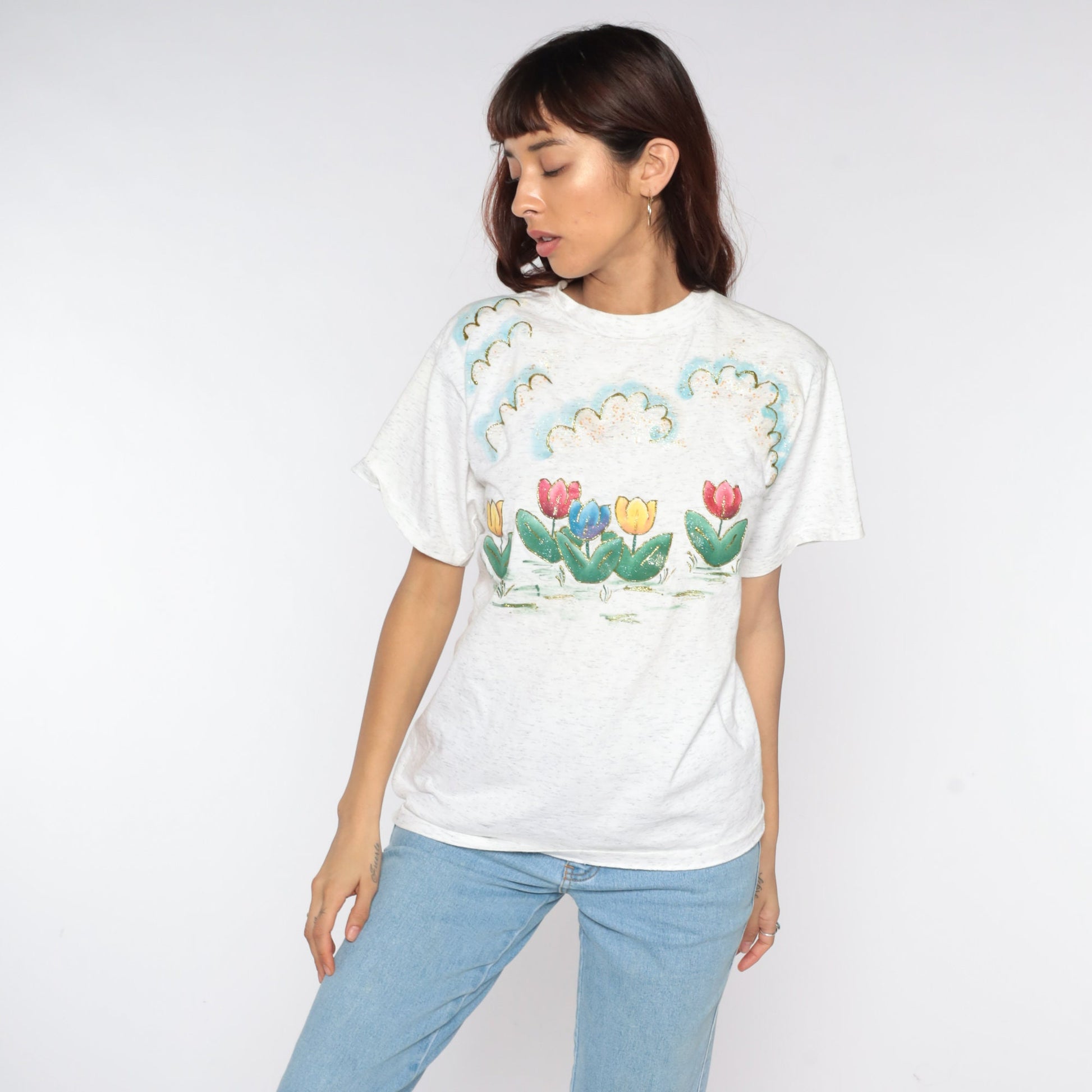 90s Glitter Tulip Floral T-Shirt Cotton Graphic Tee Medium M