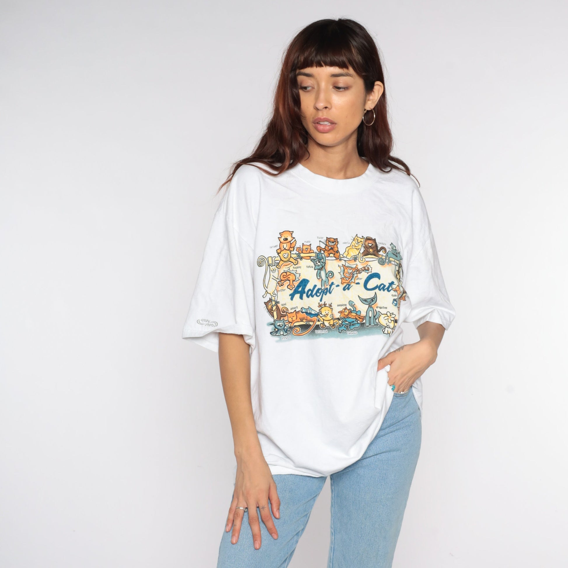 90s Adopt A Cat Graphic T-Shirt White Cotton Tee Extra Large XL