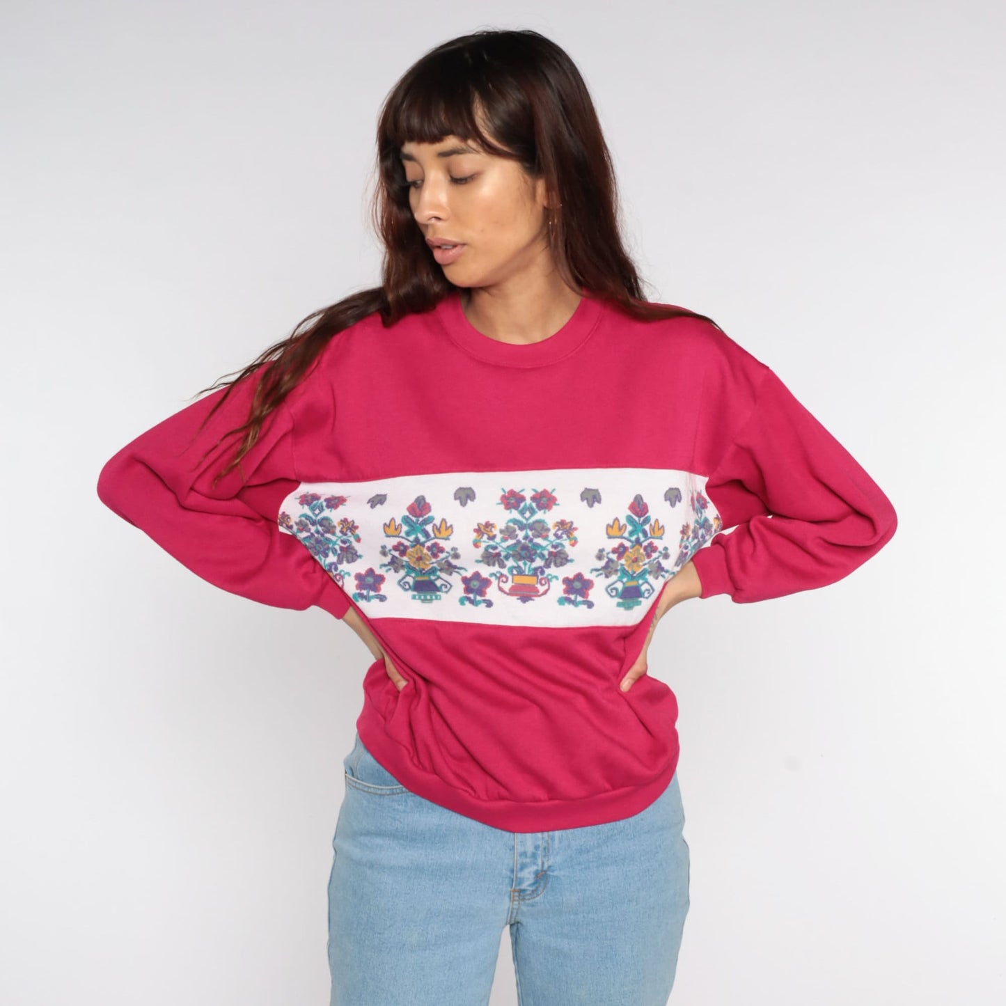 80s Floral Graphic Sweatshirt Deep Pink Crewneck Medium M