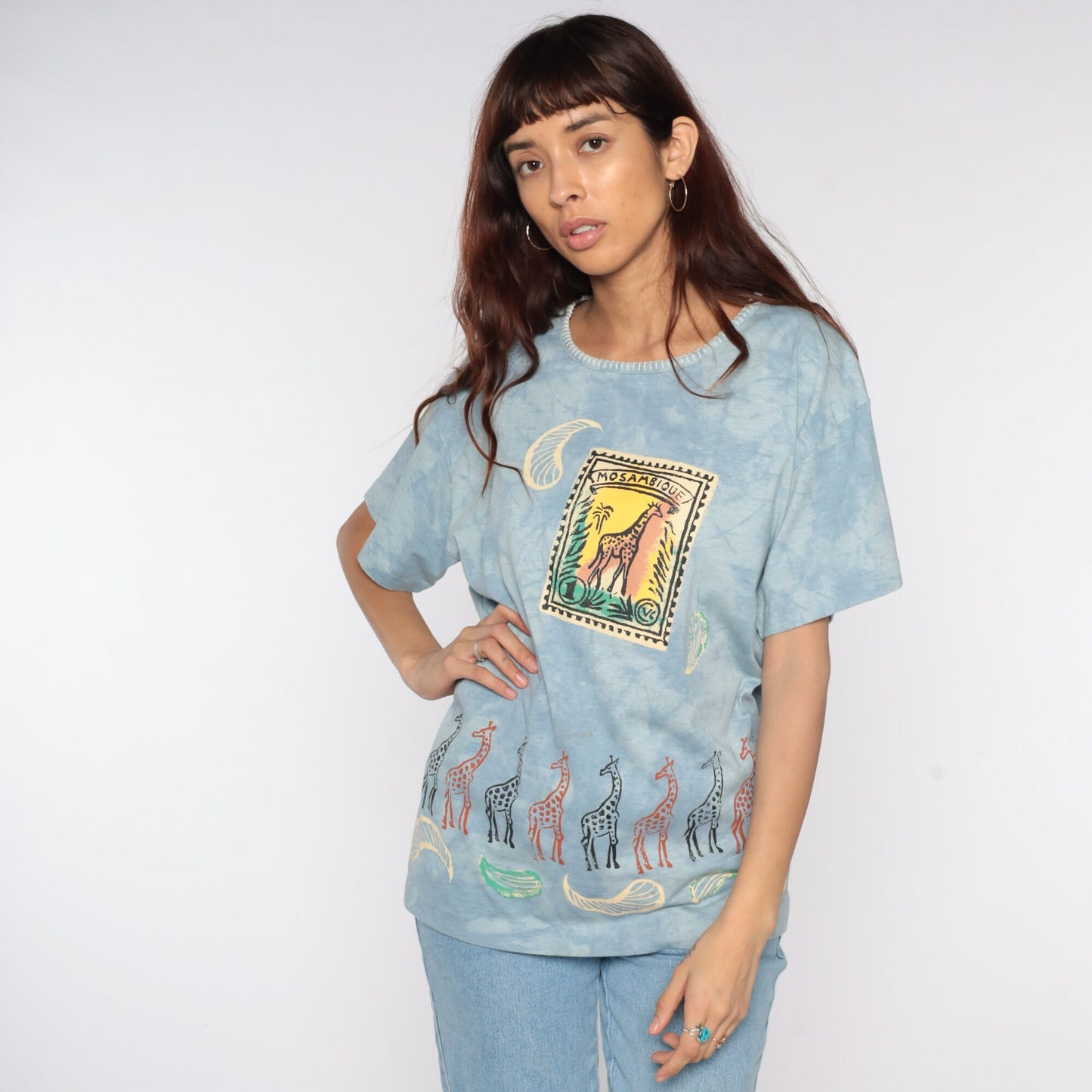 90s Mozambique Giraffe Tie Dye T-Shirt Blue Stamp Print Medium