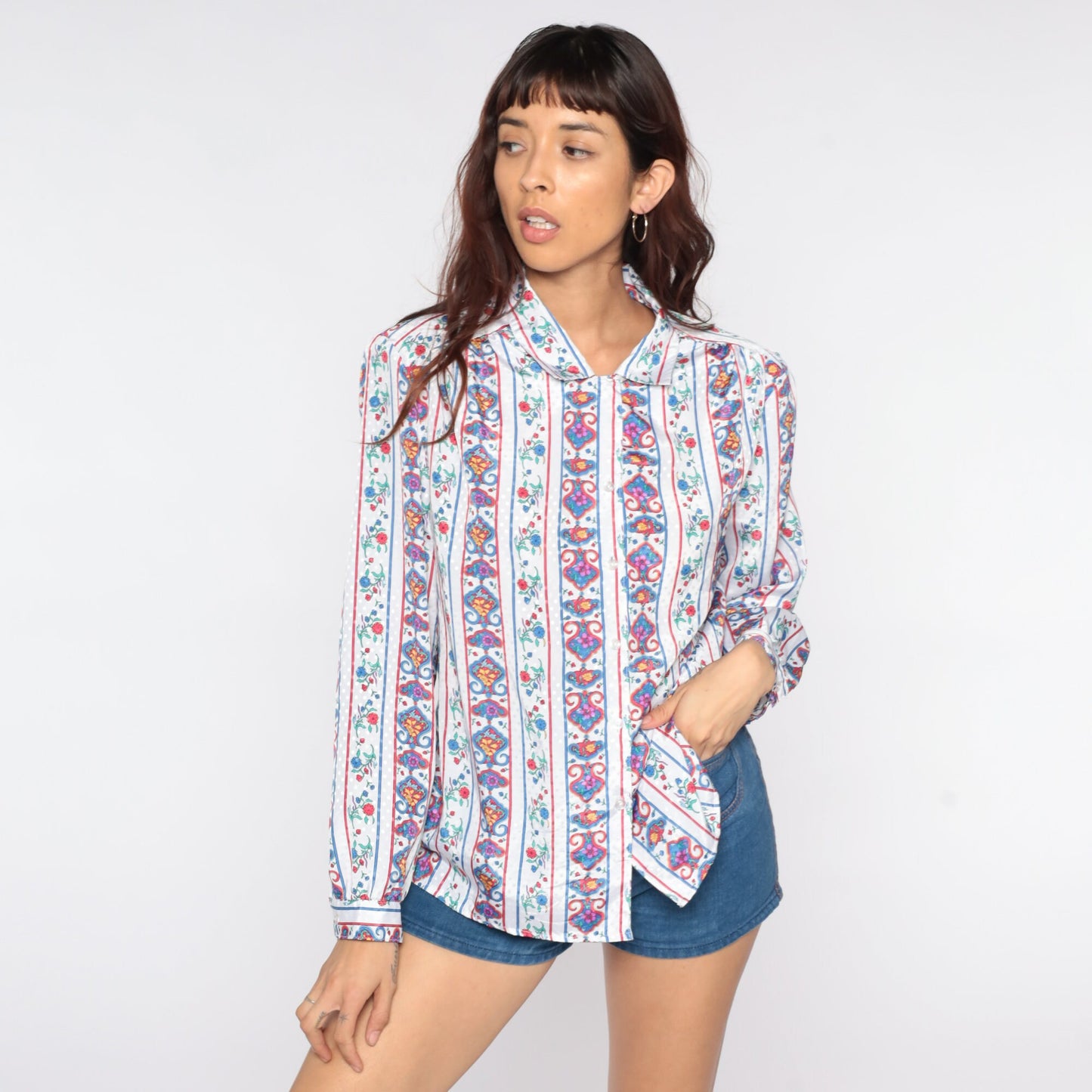 80s White Embossed Floral Button-Up Blouse Long Sleeve Extra Large XL