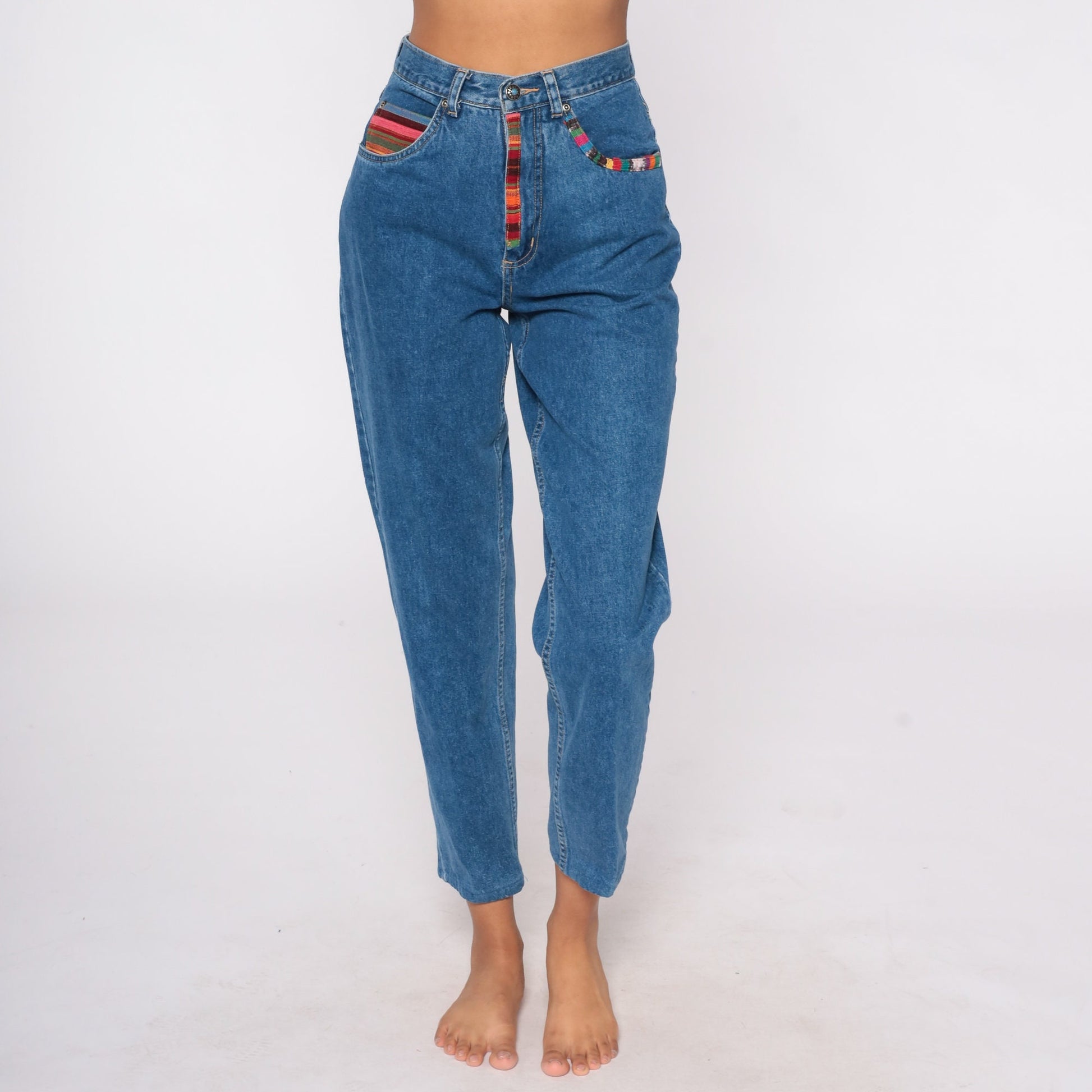90s Southwestern High Waist Tapered Mom Jeans Blue Denim Small 4