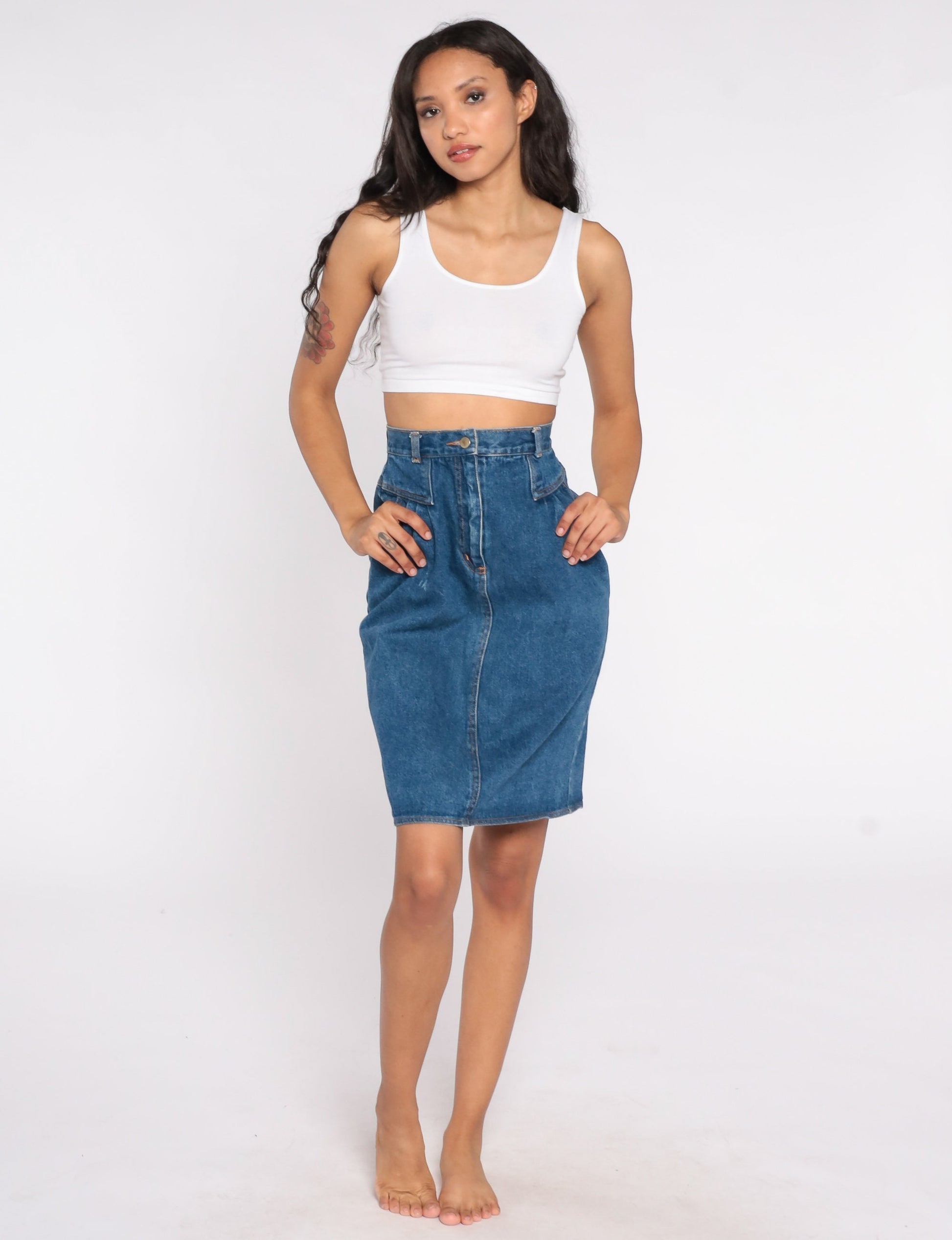 90s Blue Denim Pleated Mini Skirt High Waist Jean Pencil Skirt Extra Small