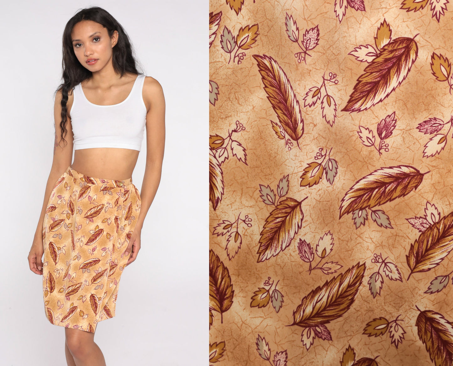 80s Leaf Print Pencil Skirt High Waist Mini Tan Brown Small