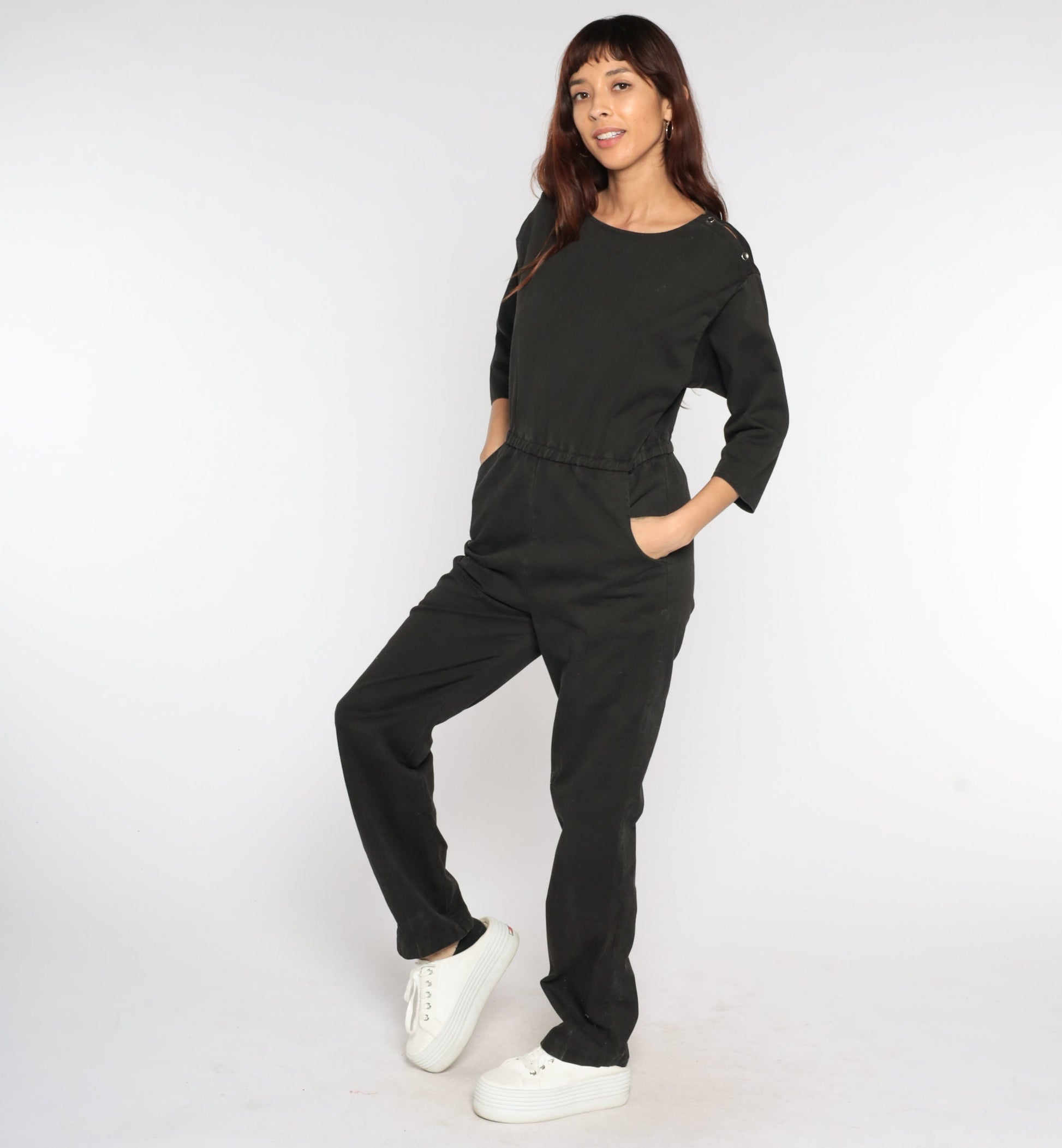 80s Black Jumpsuit High Waisted Tapered 3/4 Sleeve Playsuit Small Medium