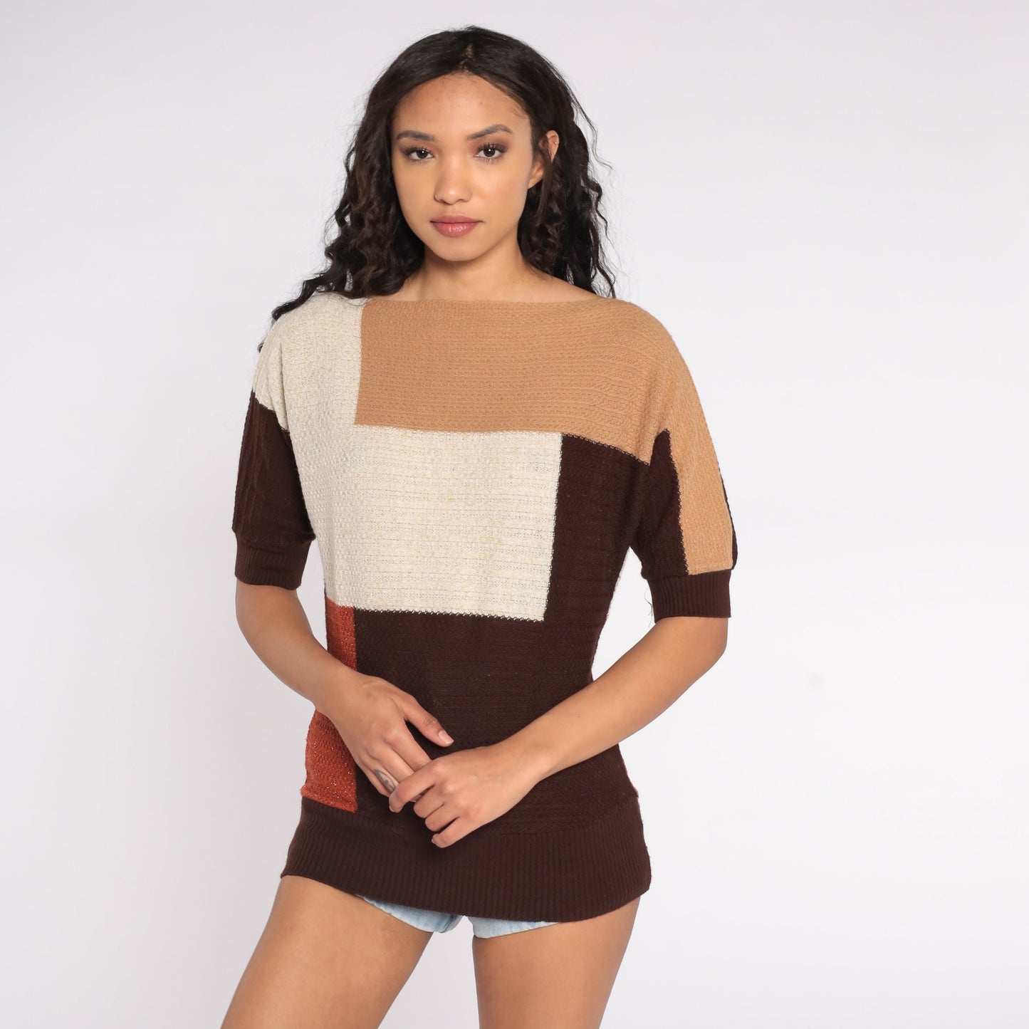 80s Color Block Knit Top Short Sleeve Striped Sweater Cream Rust Brown Small S